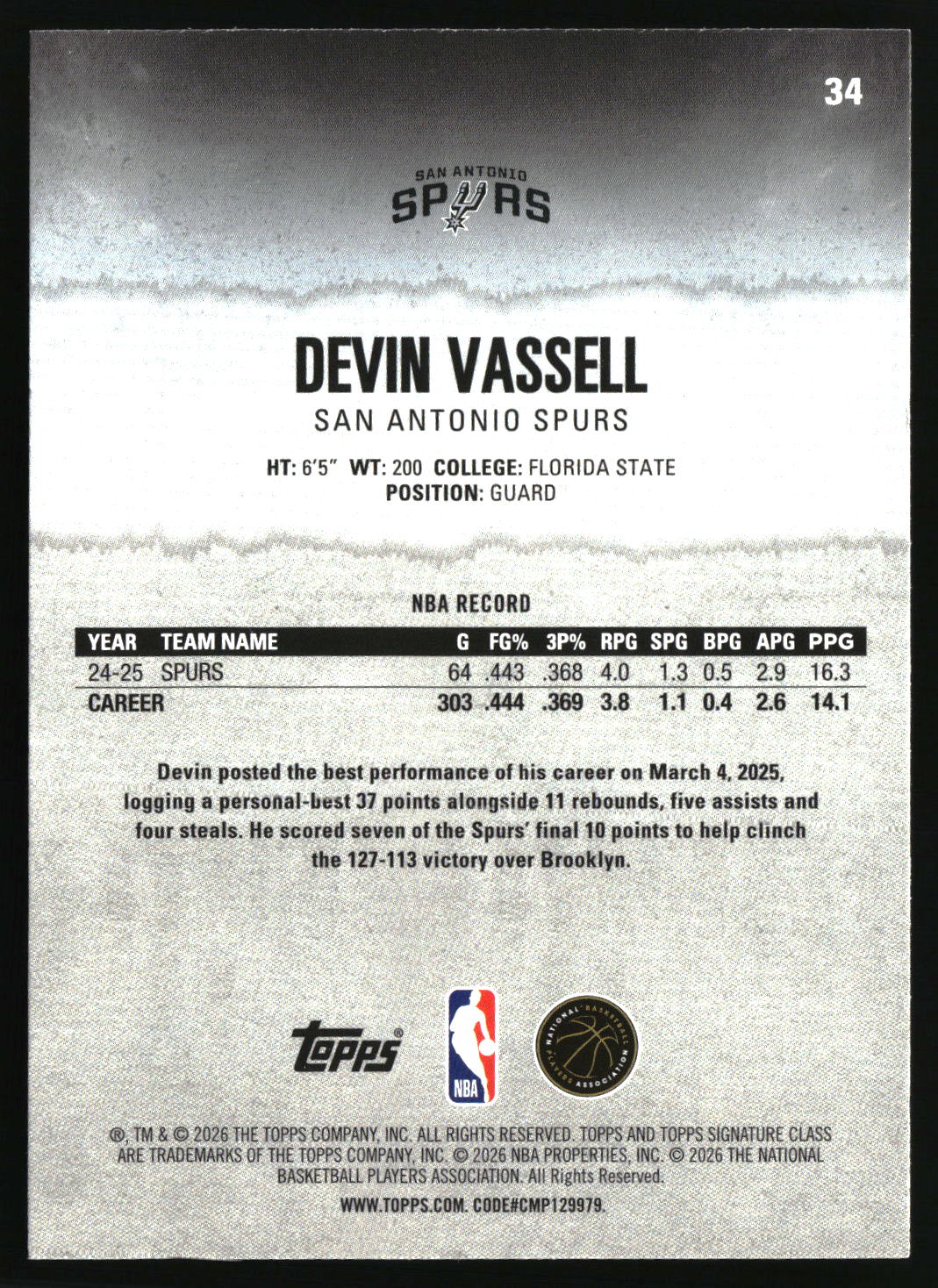 Devin Vassell 2025-26 Topps Signature Class #34