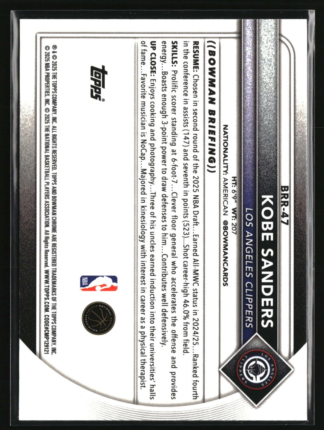 Kobe Sanders 2025-26 Bowman Chrome Rookie Red RC Logo #BRR-47