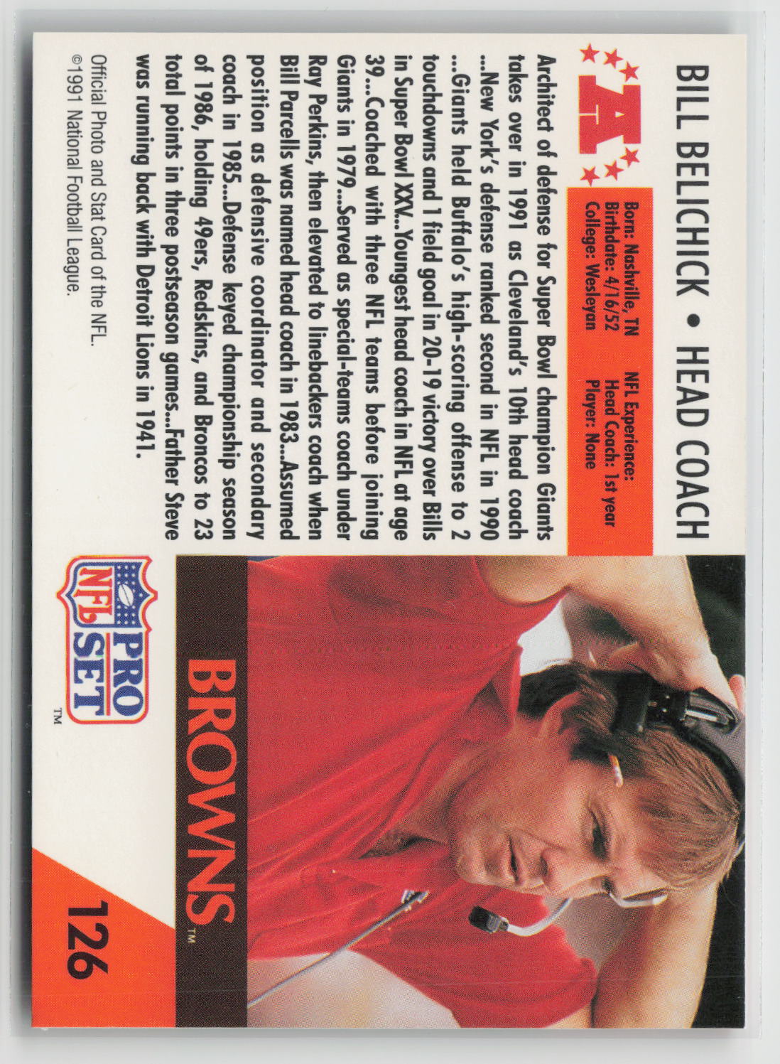 Bill Belichick 1991 Pro Set #126