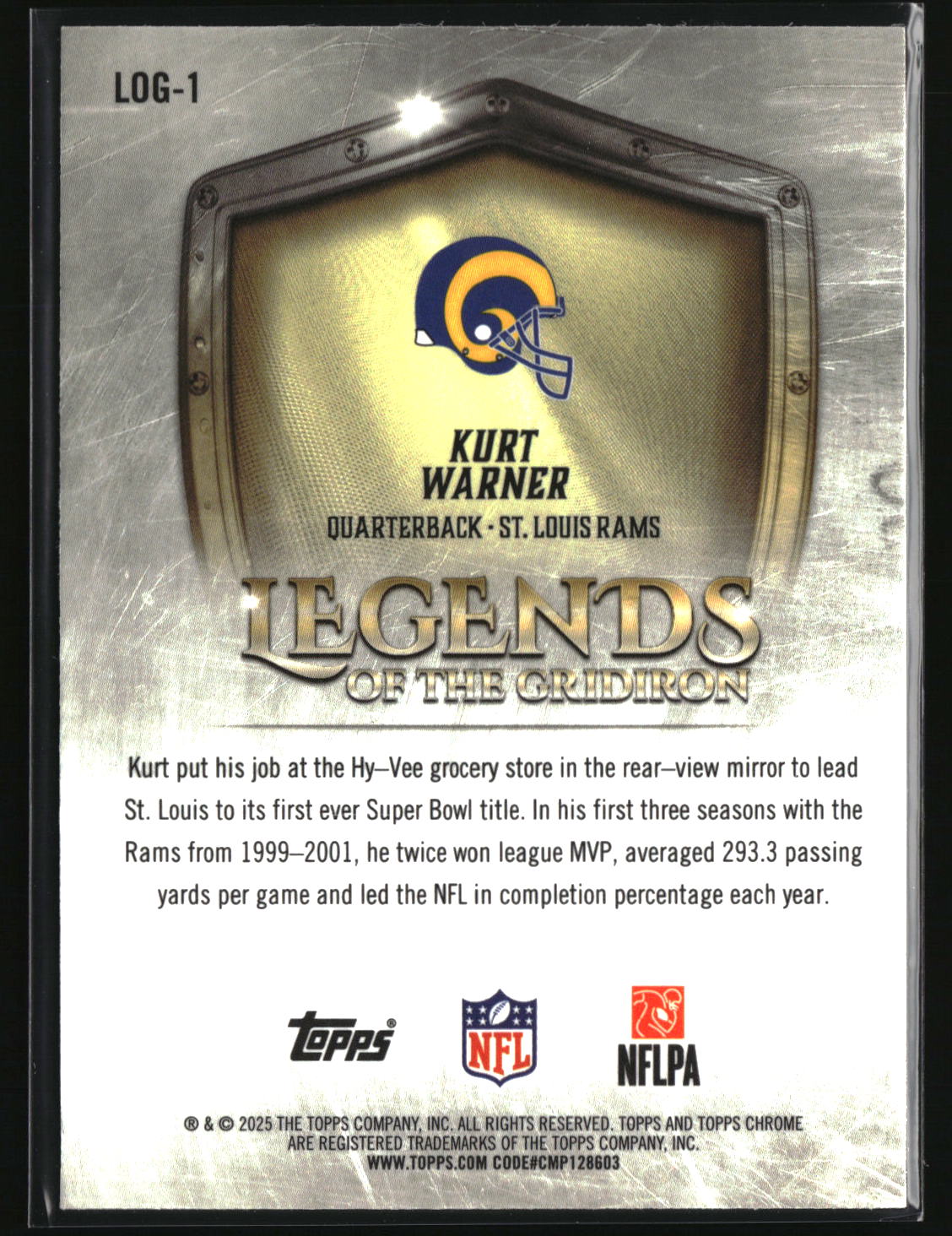 Kurt Warner 2025 Topps Chrome Legends of the Gridiron #LOG-1