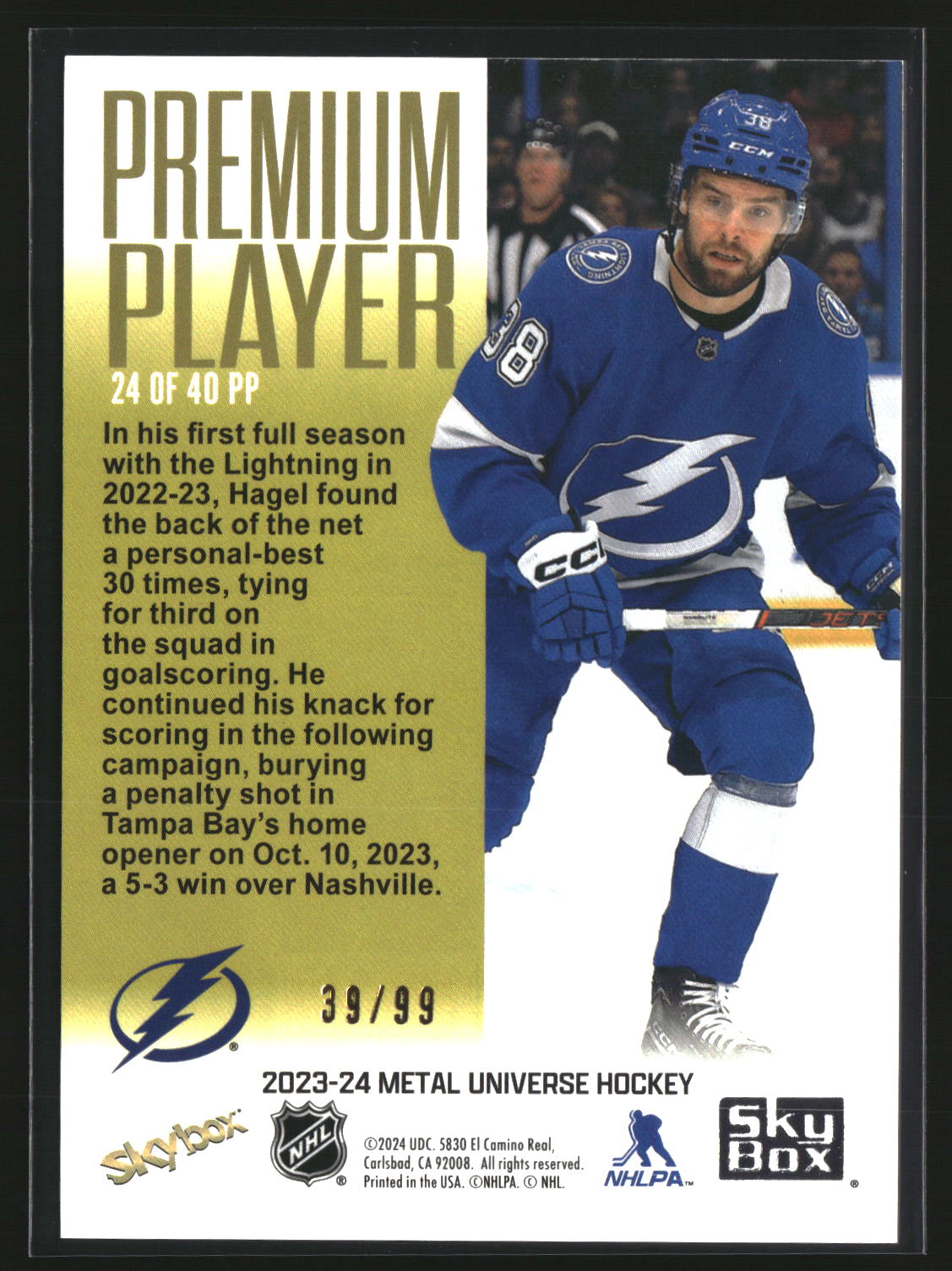 Brandon Hagel 2023-24 SkyBox Metal Universe Premium Player Gold #24PP #/99