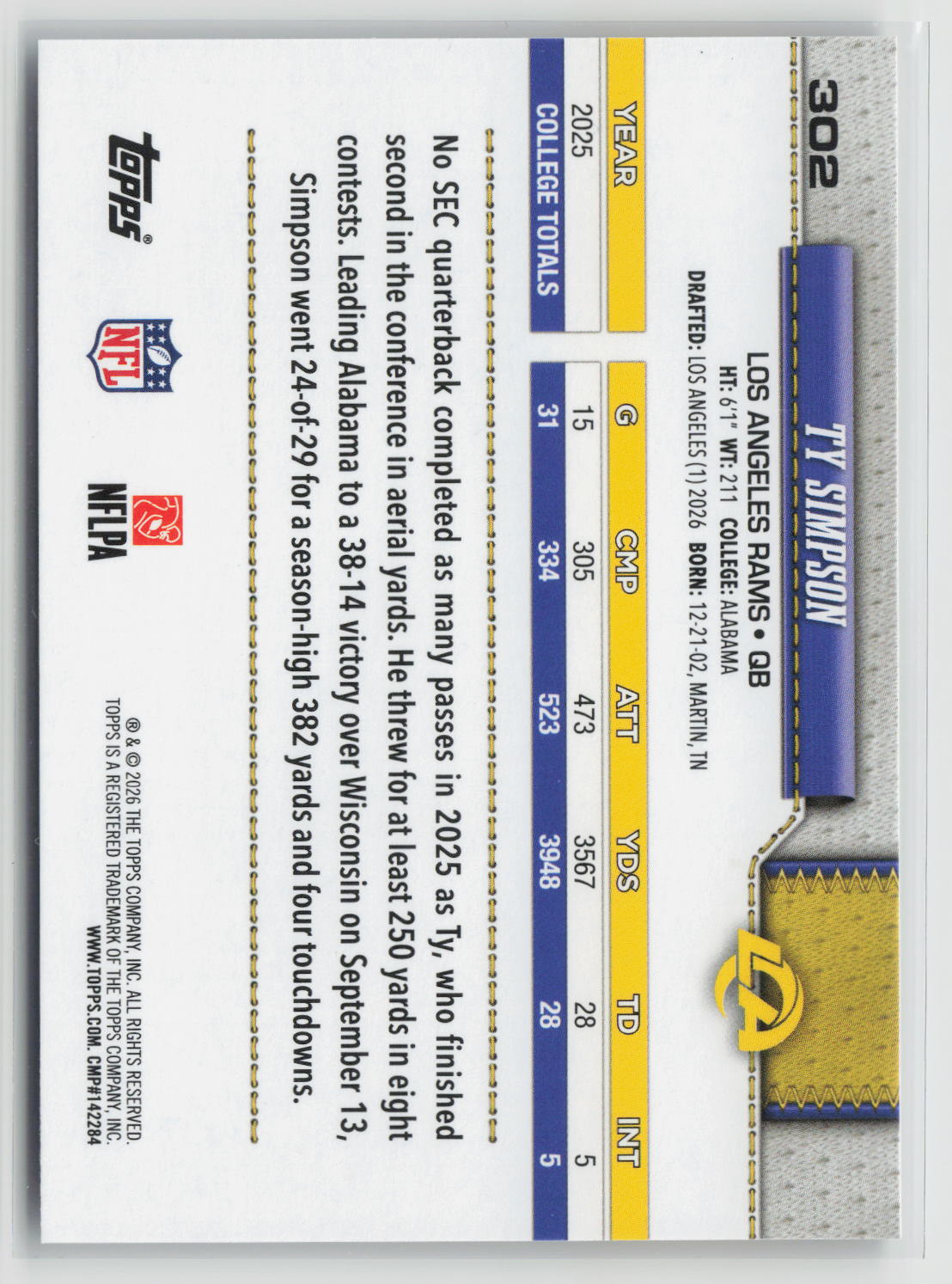 Ty Simpson 2026 Topps Flagship #302