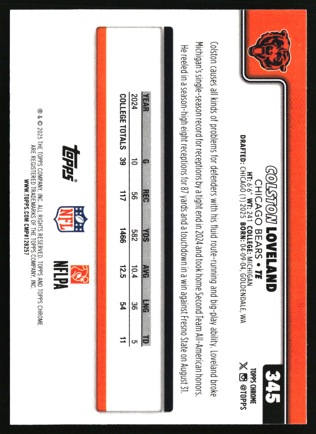 Colston Loveland 2025 Topps Chrome #345