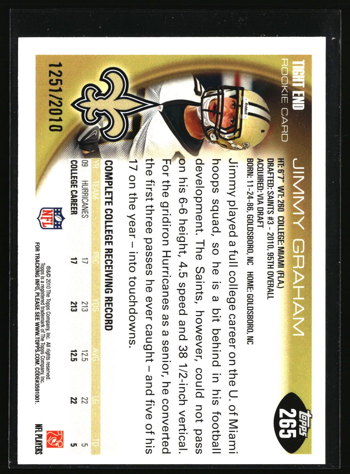 Jimmy Graham 2010 Topps Gold #265 #/2010