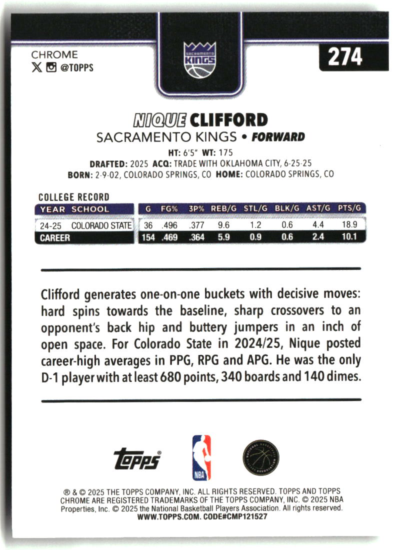Nique Clifford 2025-26 Topps Chrome #274