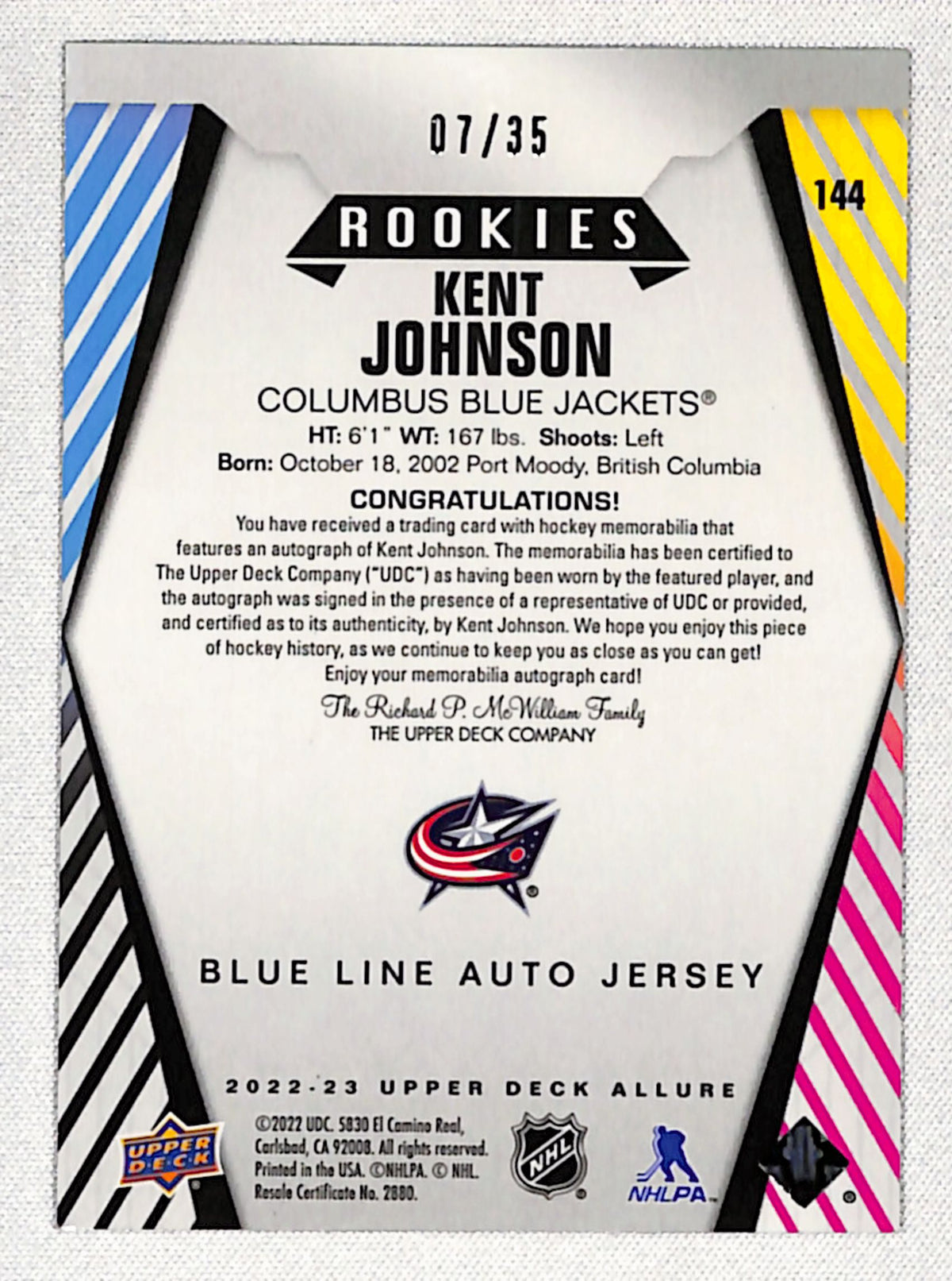 Kent Johnson 2022-23 Upper Deck Allure Auto Mem Blue Line #144 #/35