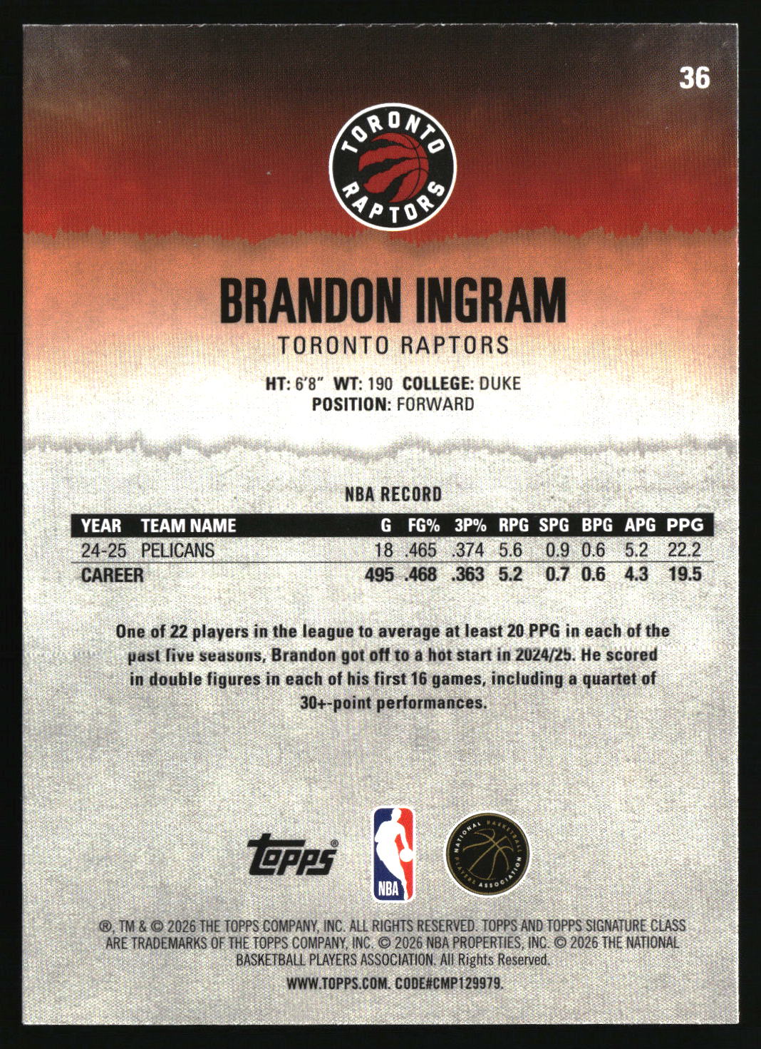 Brandon Ingram 2025-26 Topps Signature Class #36