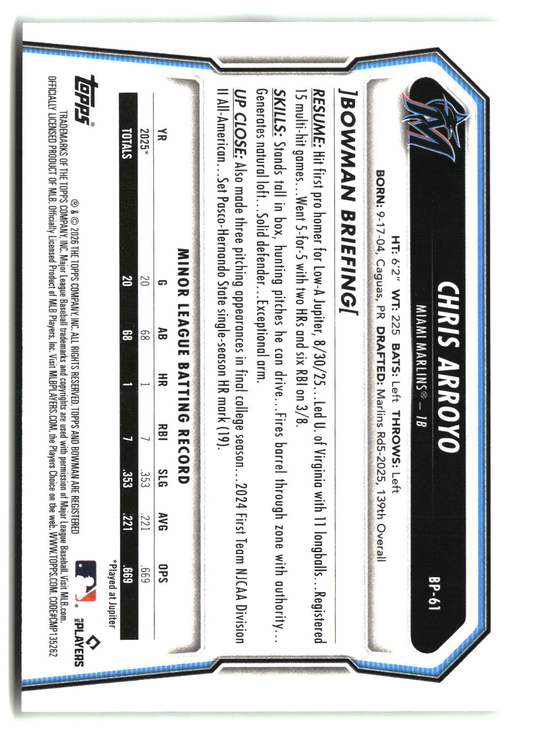Chris Arroyo 2026 Bowman Prospects #BP-61
