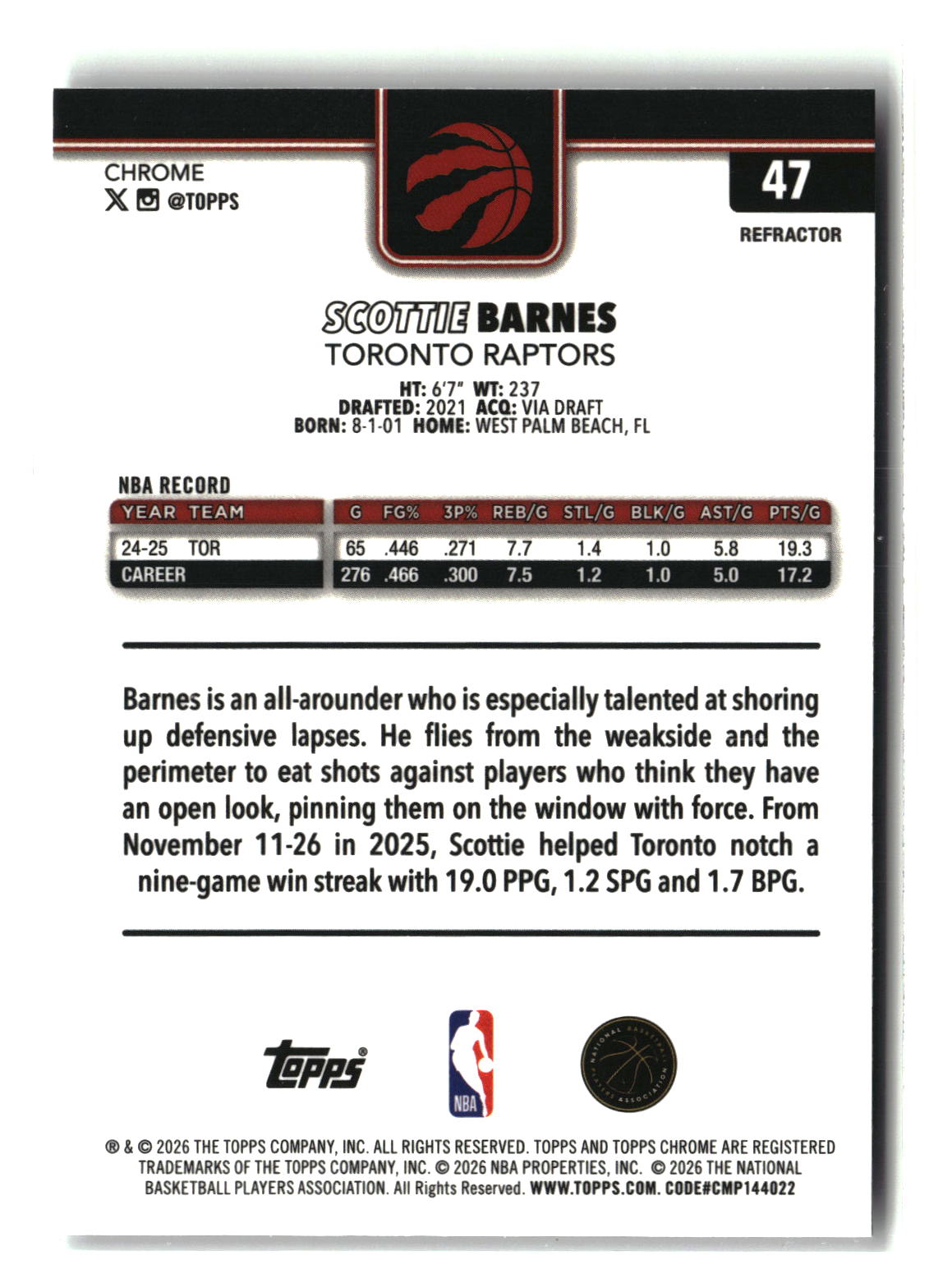 Scottie Barnes 2025-26 Topps Chrome Update Refractor #47