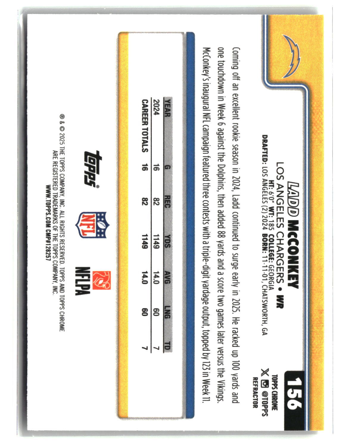 Ladd McConkey 2025 Topps Chrome Refractor #156