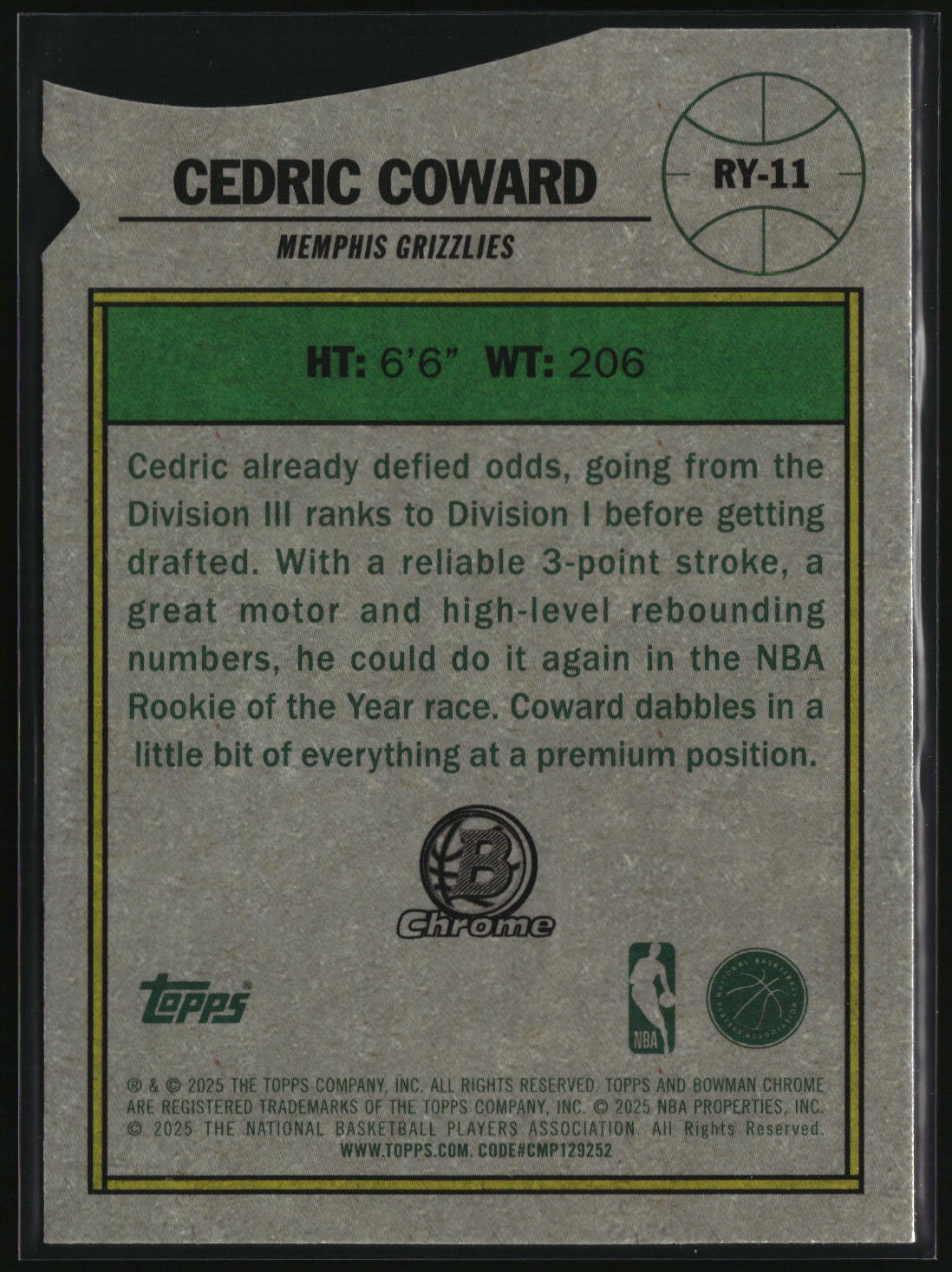 Cedric Coward 2025-26 Bowman Rookie Of The Year Favorites #RY-11