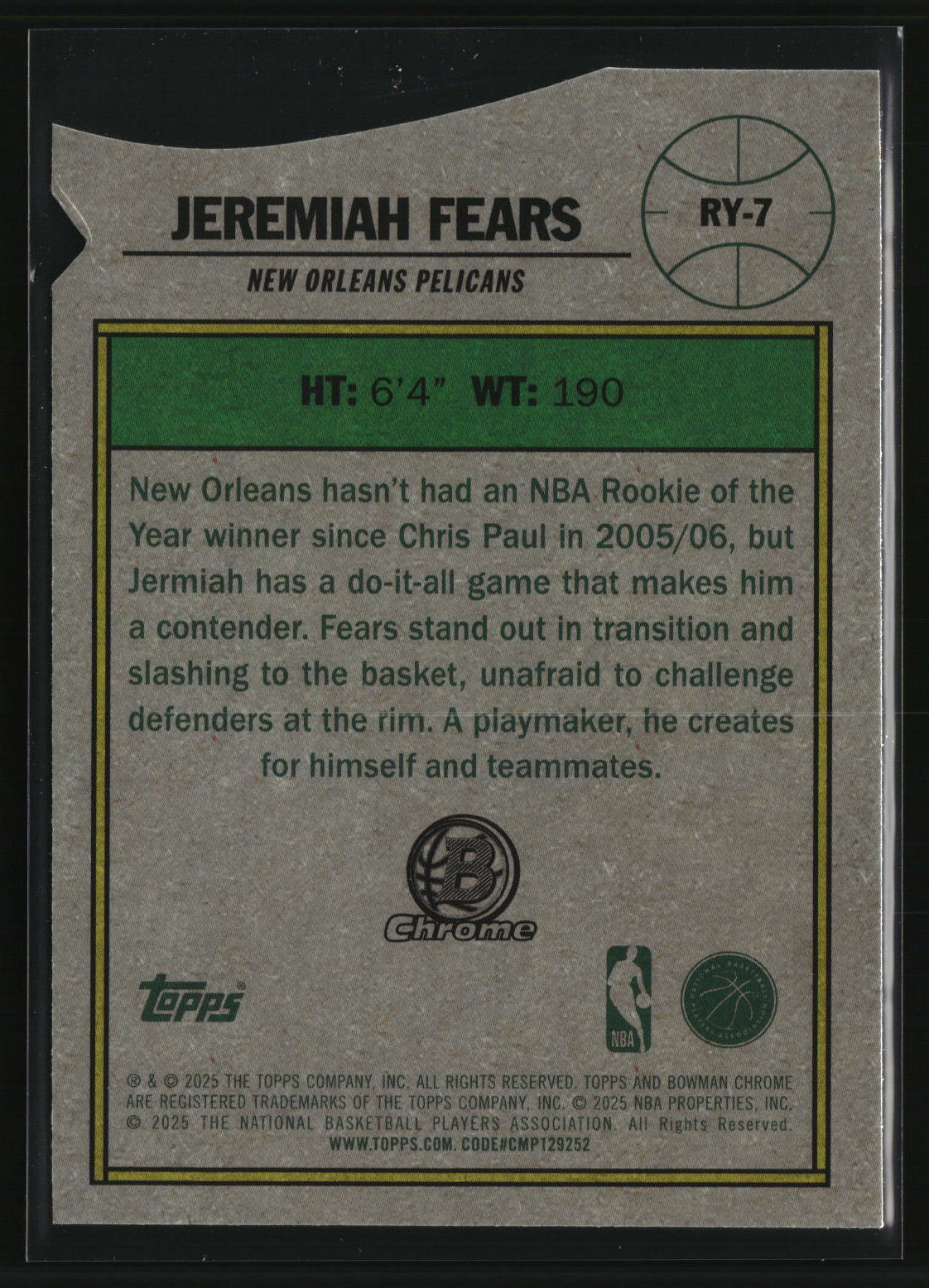 Jeremiah Fears 2025-26 Bowman Rookie Of The Year Favorites #RY-7