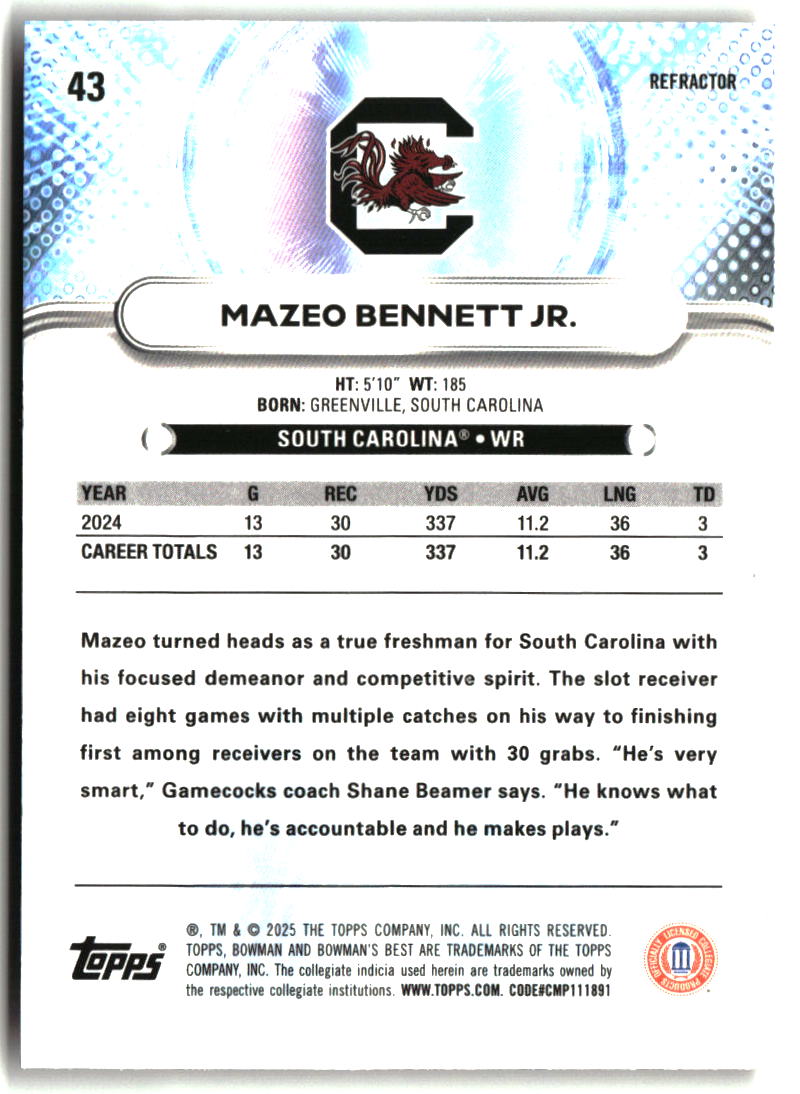 Mazeo Bennett 2025 Bowman University Best Refractor #43