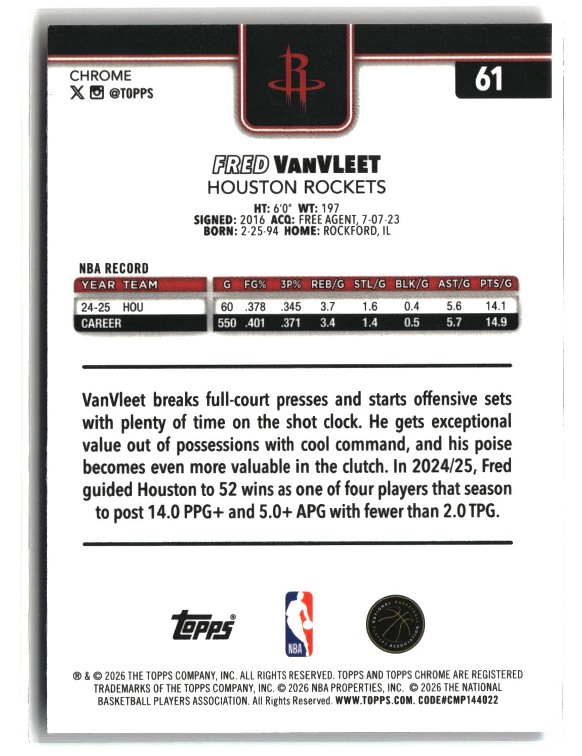 Fred VanVleet 2025-26 Topps Chrome Update Red White and Blue Refractor #61