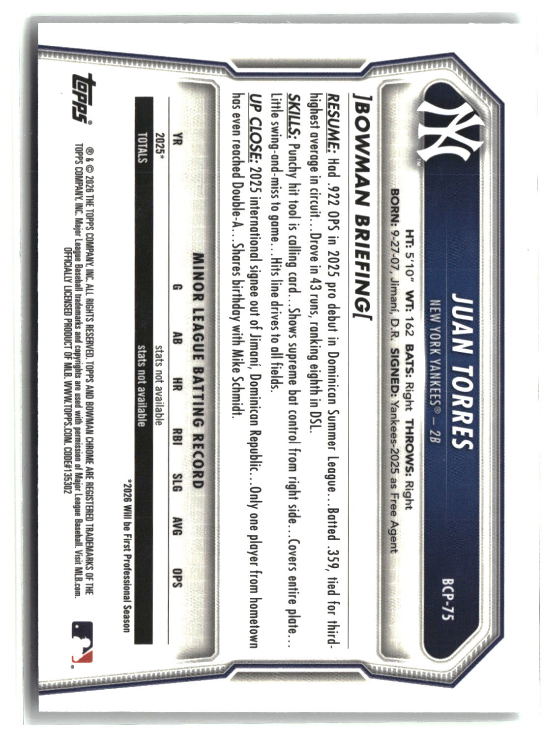 Juan Torres 2026 Bowman Chrome Prospects #BCP-75