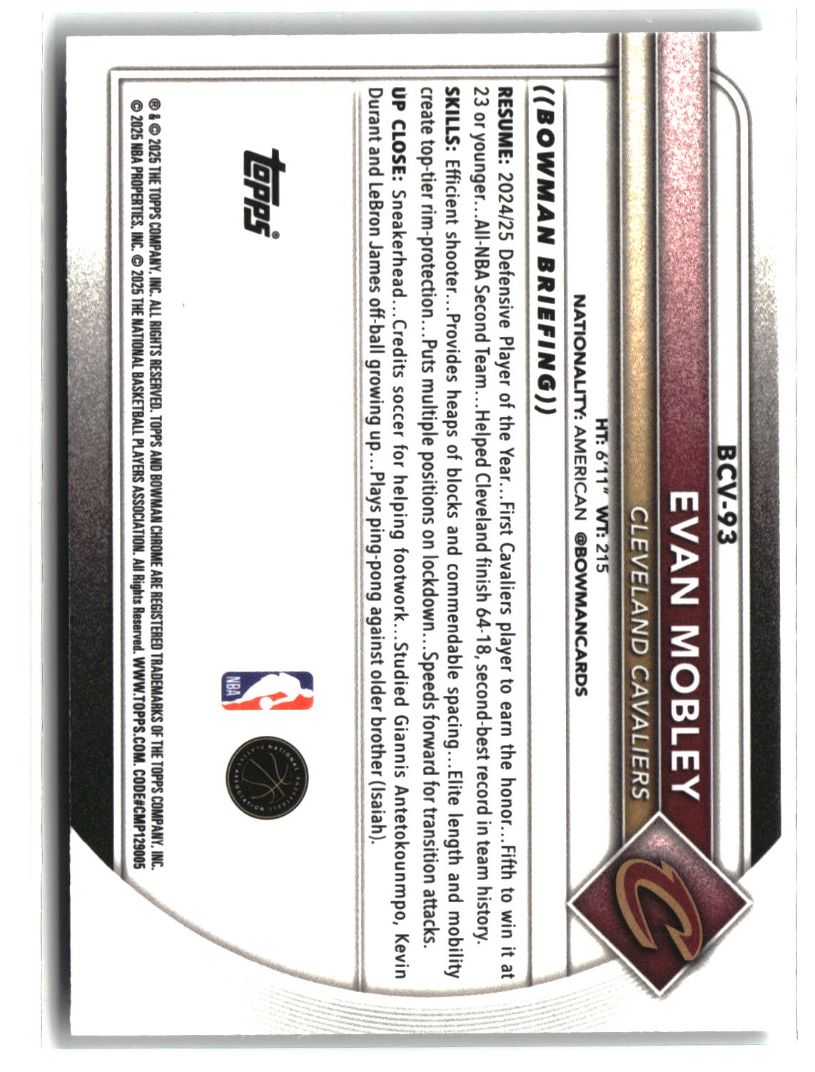 Evan Mobley 2025-26 Bowman Chrome Speckle Refractors #BCV-93 #/299