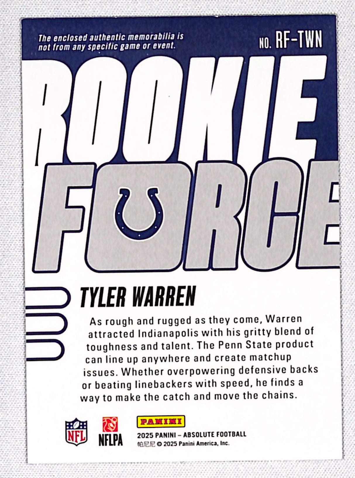 Tyler Warren 2025 Panini Absolute Rookie Force #RF-TWN
