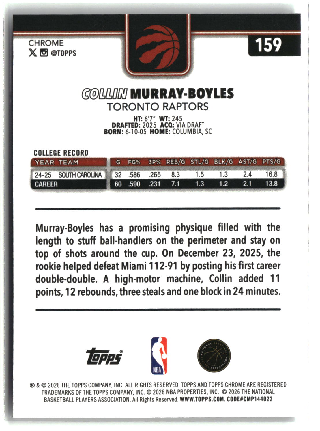 Collin Murray-Boyles 2025-26 Topps Chrome Update #159