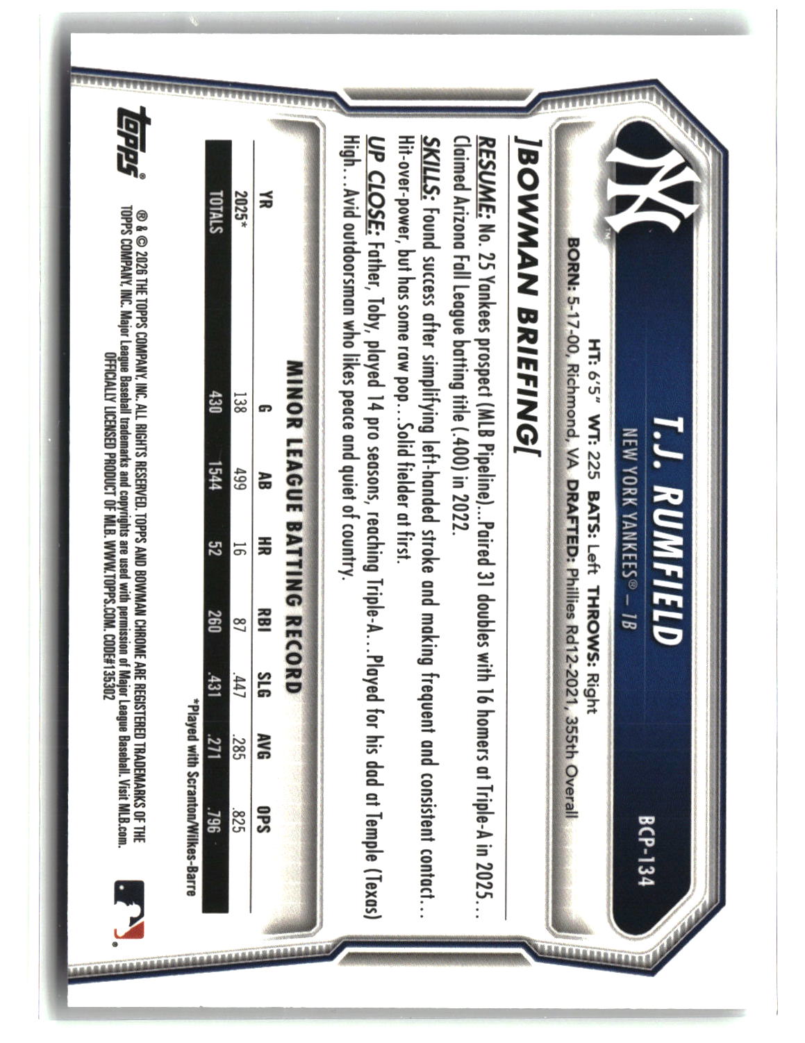 T.J. Rumfield 2026 Bowman Chrome Prospects #BCP-134