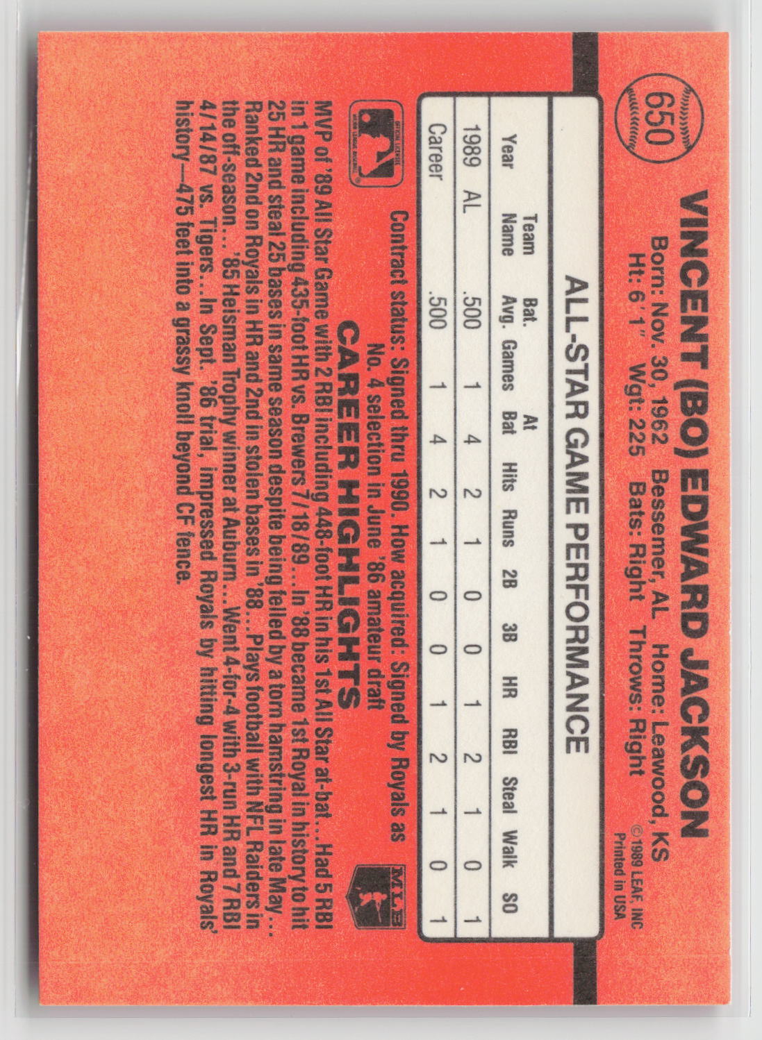 Bo Jackson 1990 Donruss #650