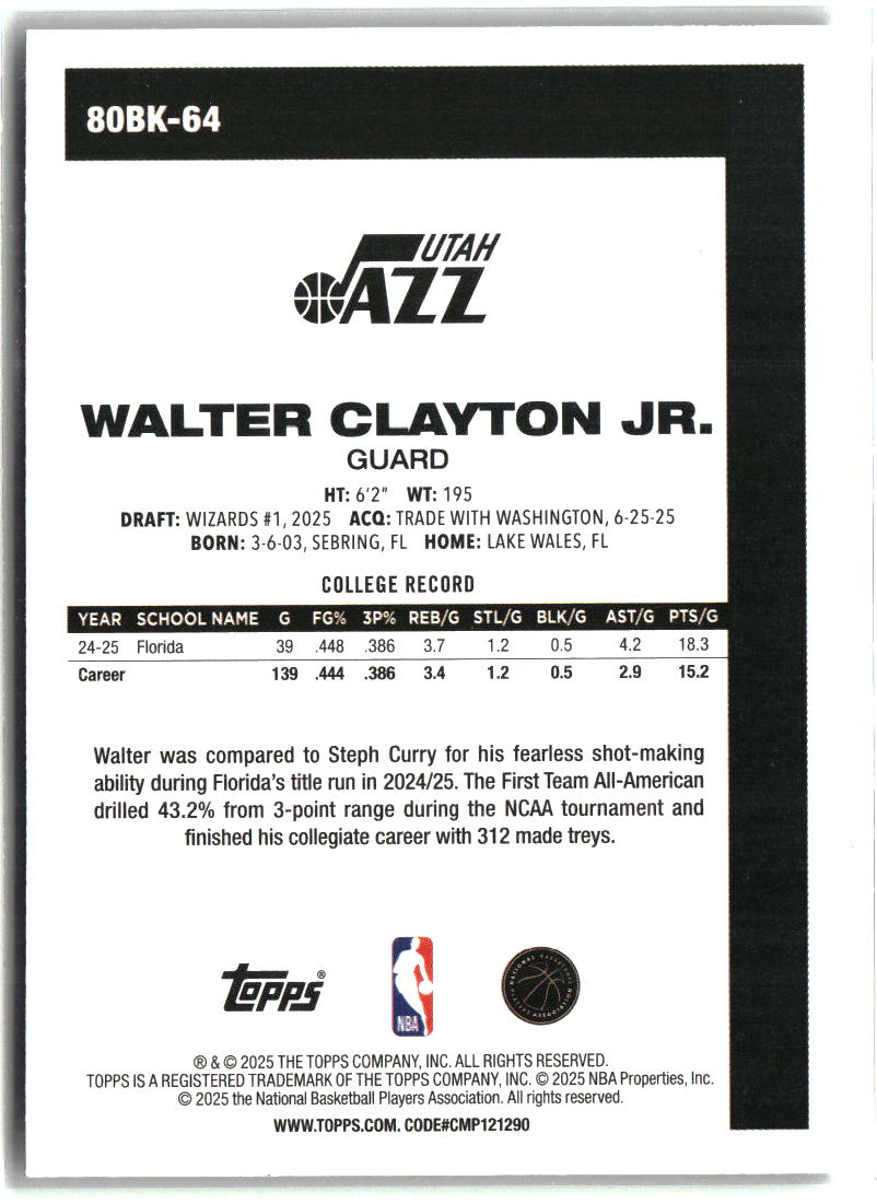 Walter Clayton Jr. 2025-26 Topps 1980-81 Topps Basketball #80BK-64