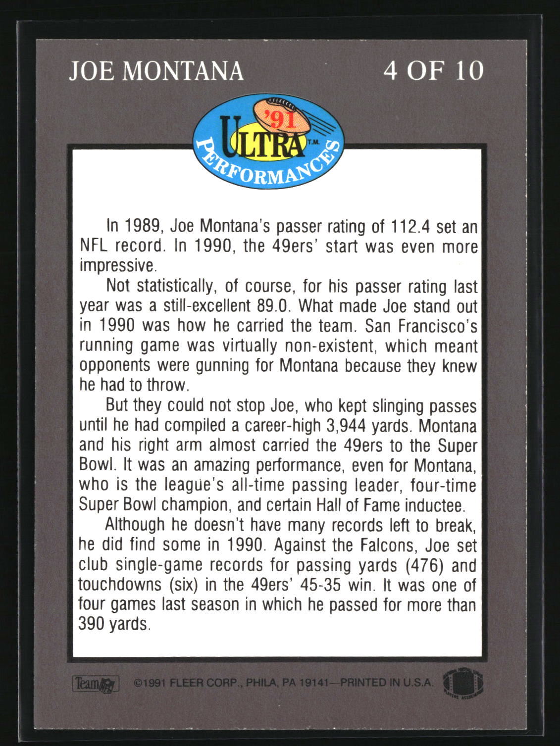Joe Montana 1991 Ultra Ultra Performances #4