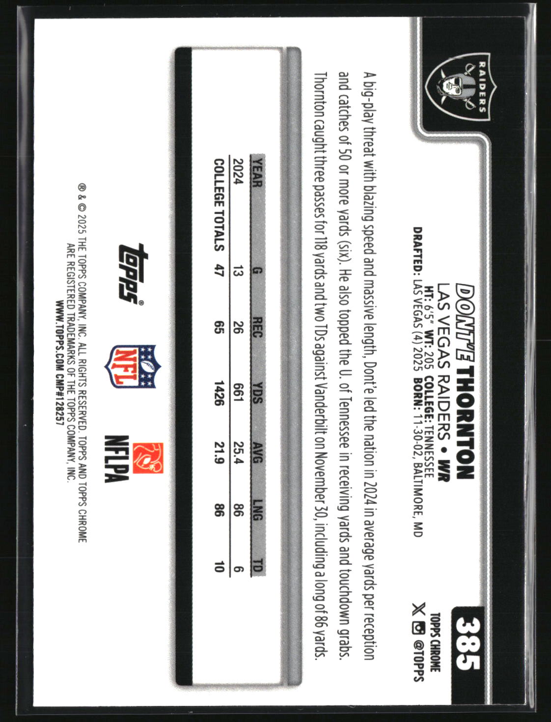 Dont'e Thronton Jr 2025 Topps Chrome Football #385