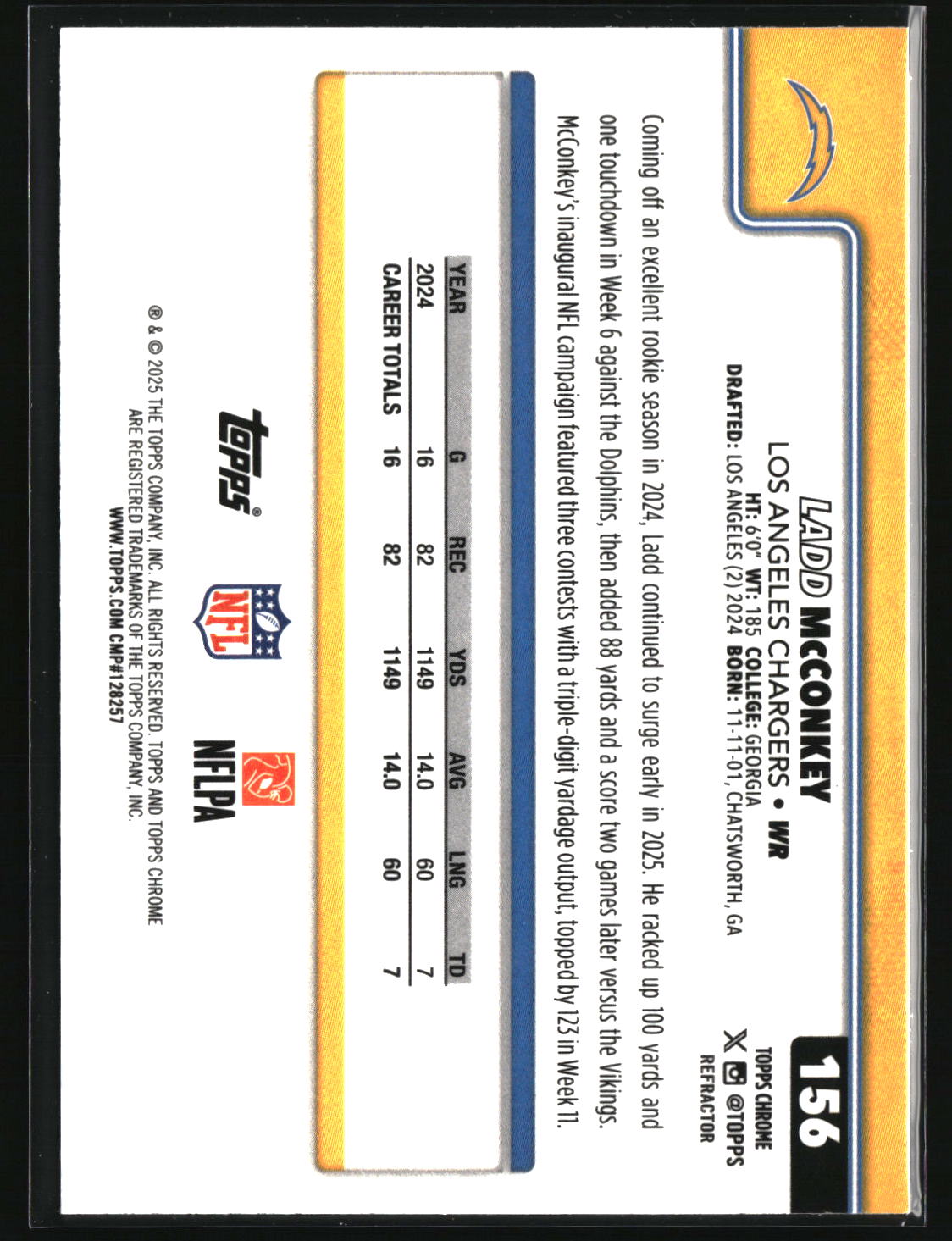 Ladd McConkey 2025 Topps Chrome Refractor #156