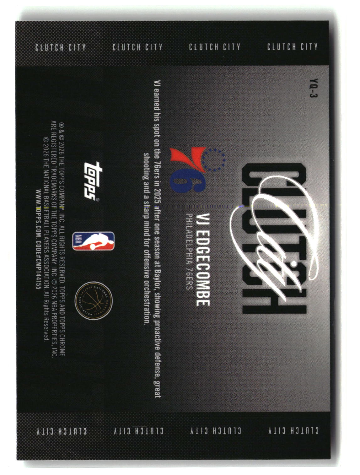 VJ Edgecombe 2025-26 Topps Chrome Update Clutch City #YQ-3