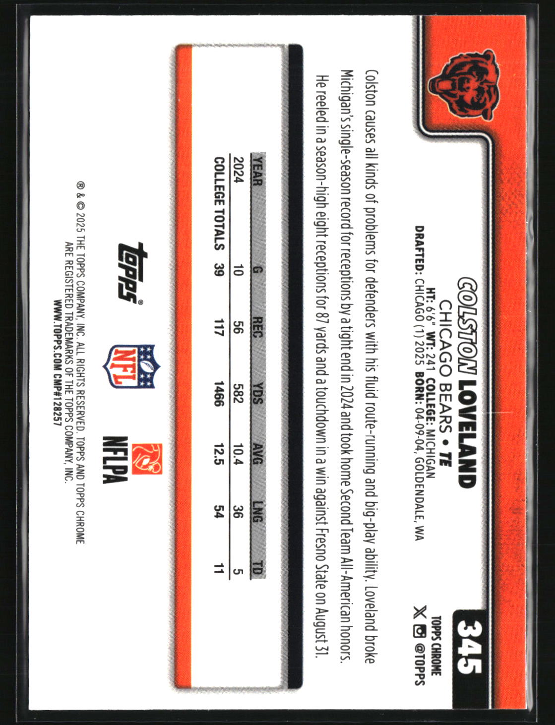 Colston Loveland 2025 Topps Chrome Football #345