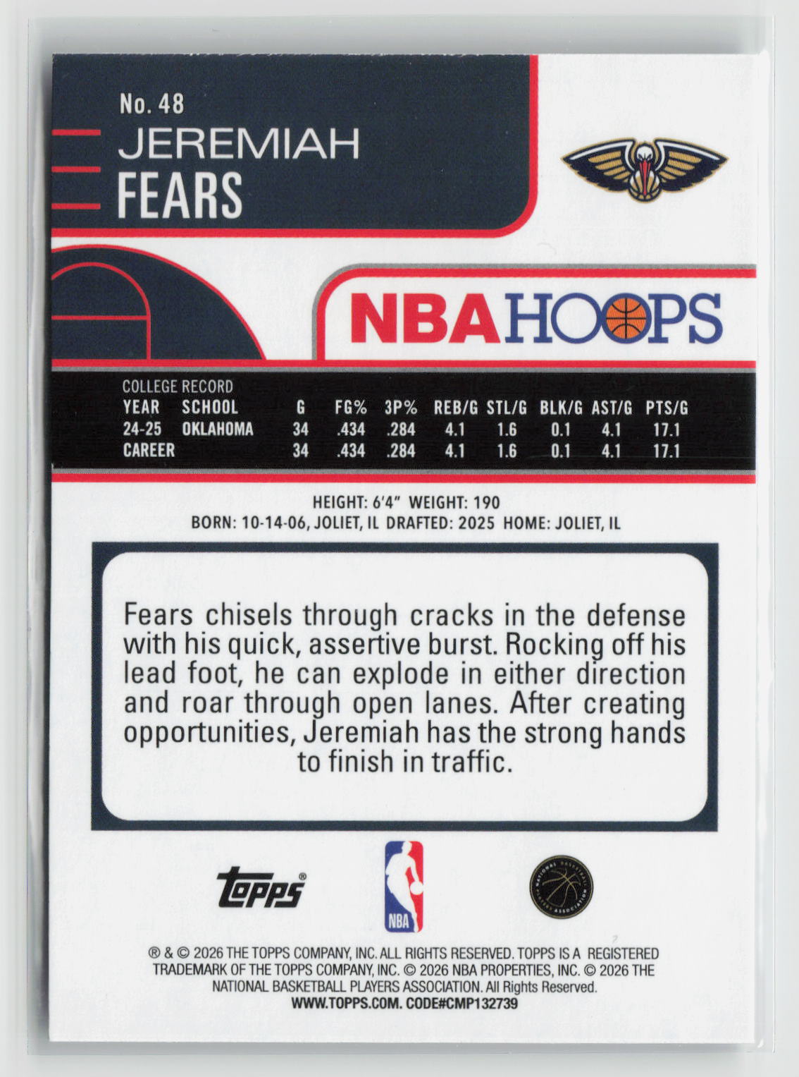 Jeremiah Fears 2025-26 Hoops #48