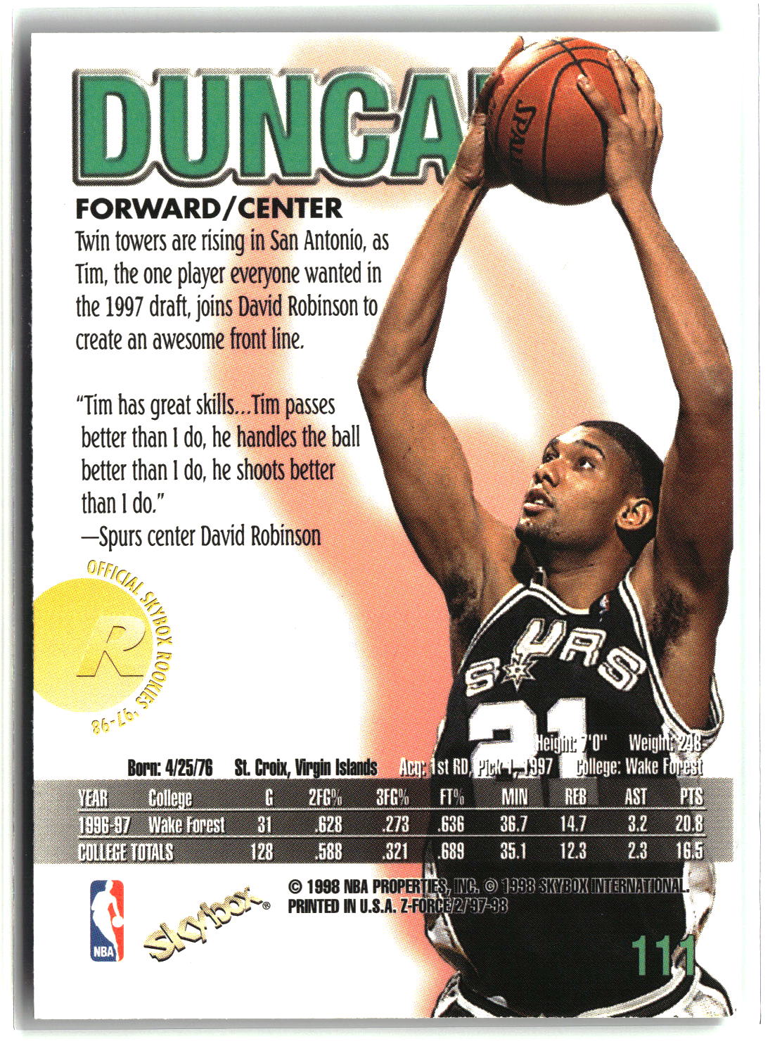 Tim Duncan 1997-98 SkyBox Z-Force #111