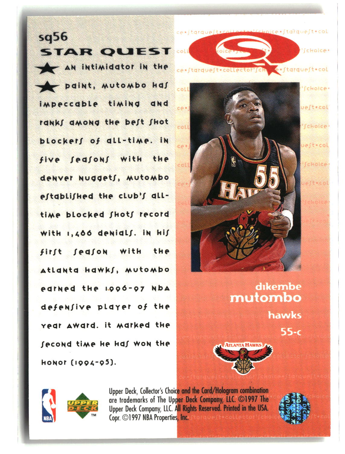 Dikembe Mutombo 1997-98 Collector's Choice StarQuest #SQ56