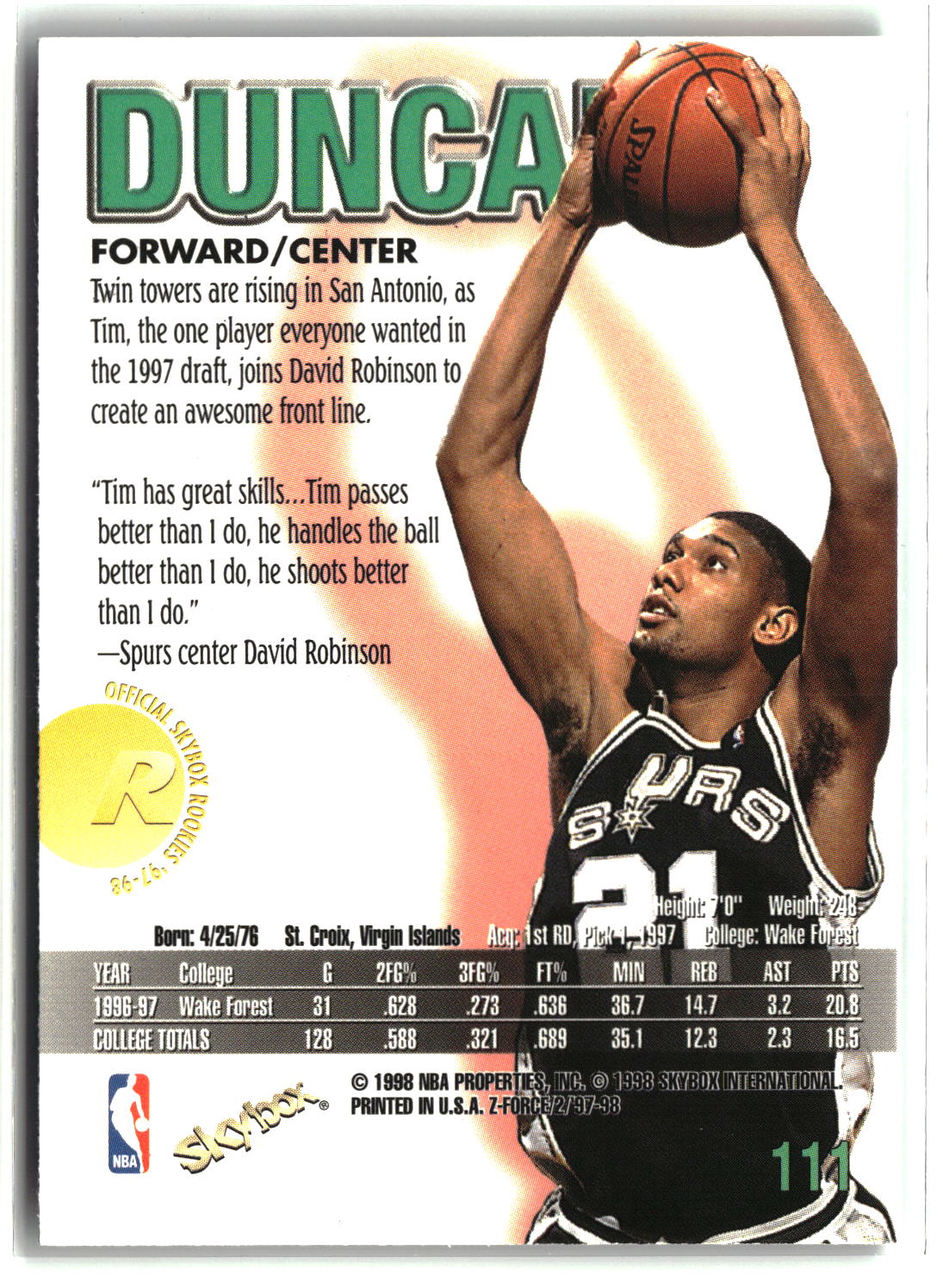 Tim Duncan 1997-98 SkyBox Z-Force #111