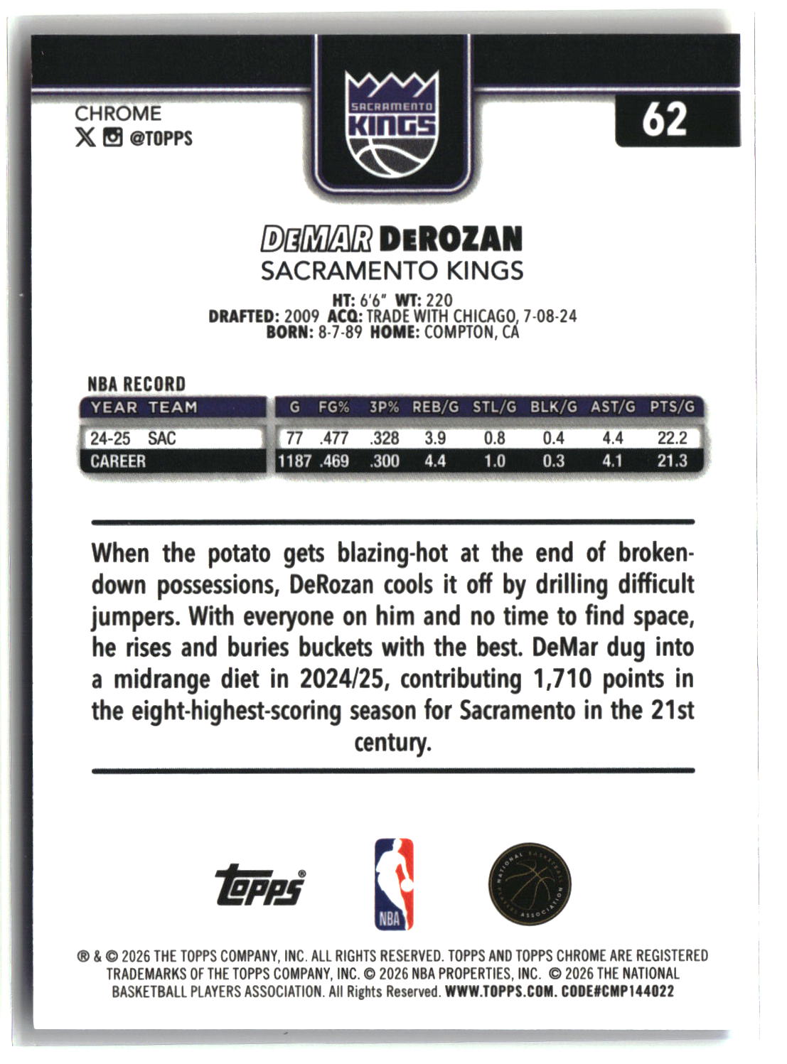DeMar DeRozan 2025-26 Topps Chrome Update Red White and Blue Refractor #62