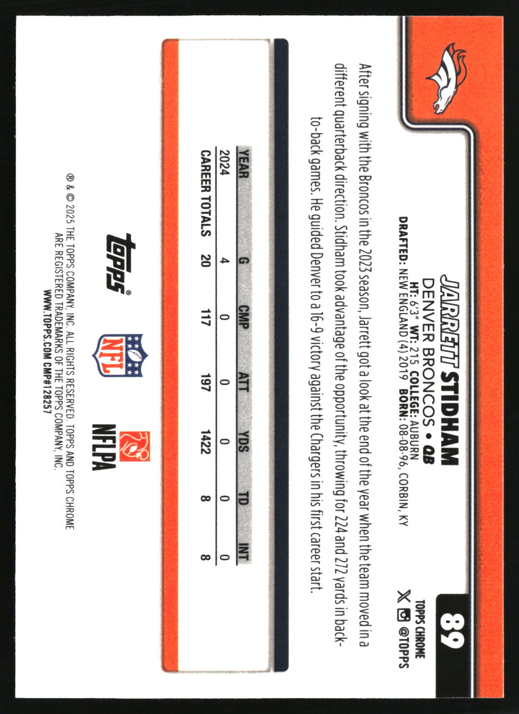 Jarrett Stidham 2025 Topps Chrome Pulsar Refractor #89