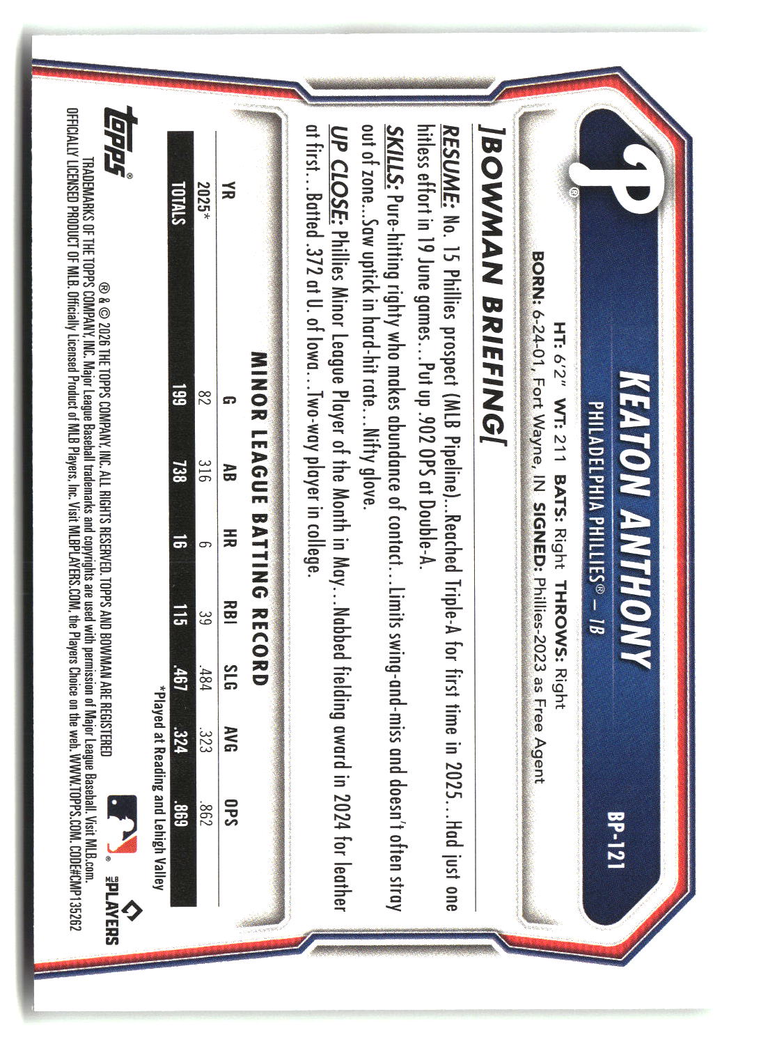 Keaton Anthony 2026 Bowman Prospects #BP-121