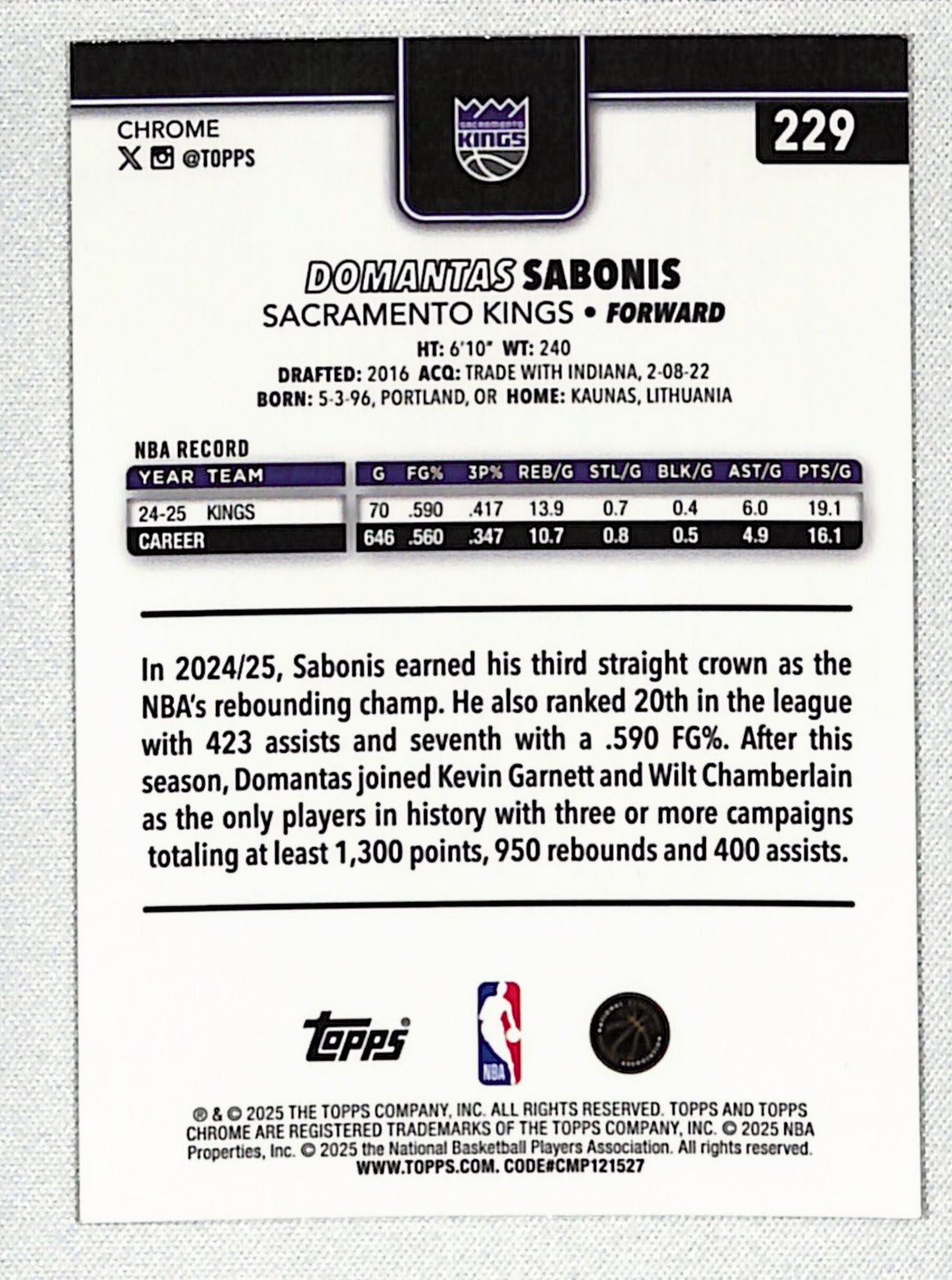 Domantas Sabonis 2025-26 Topps Chrome Yellow RayWave Refractor #229 #/275