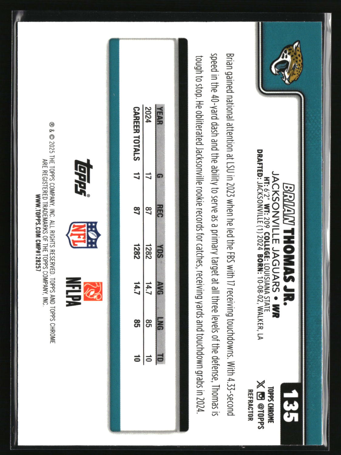Brian Thomas Jr. 2025 Topps Chrome - Topps Refractor #135