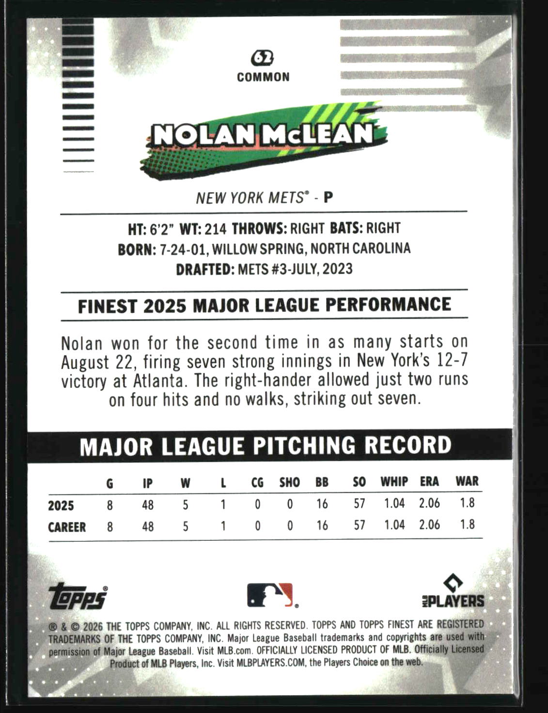 Nolan McLean 2026 Finest #62