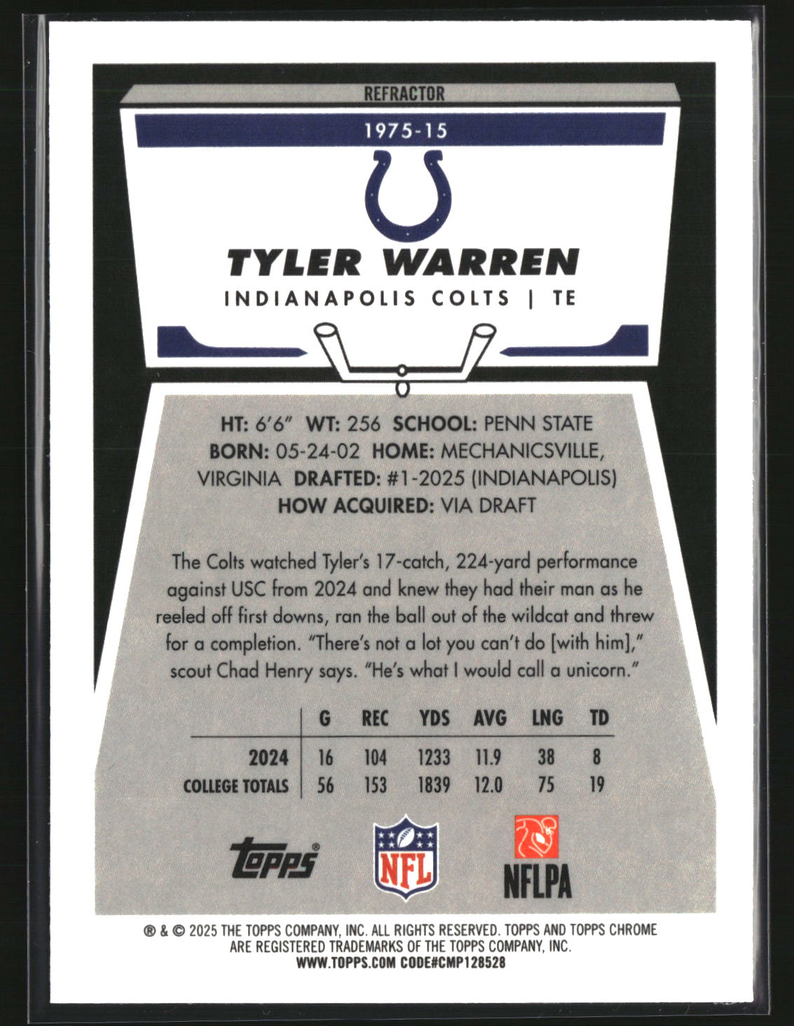 Tyler Warren 2025 Topps Chrome Football Refractor #1975-15