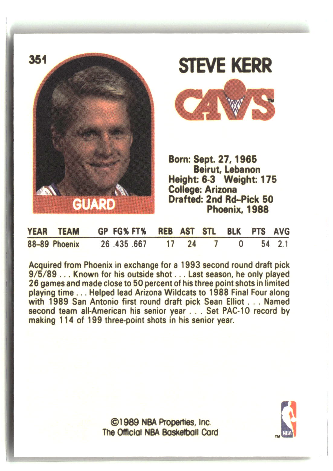 Steve Kerr 1989-90 Hoops #351