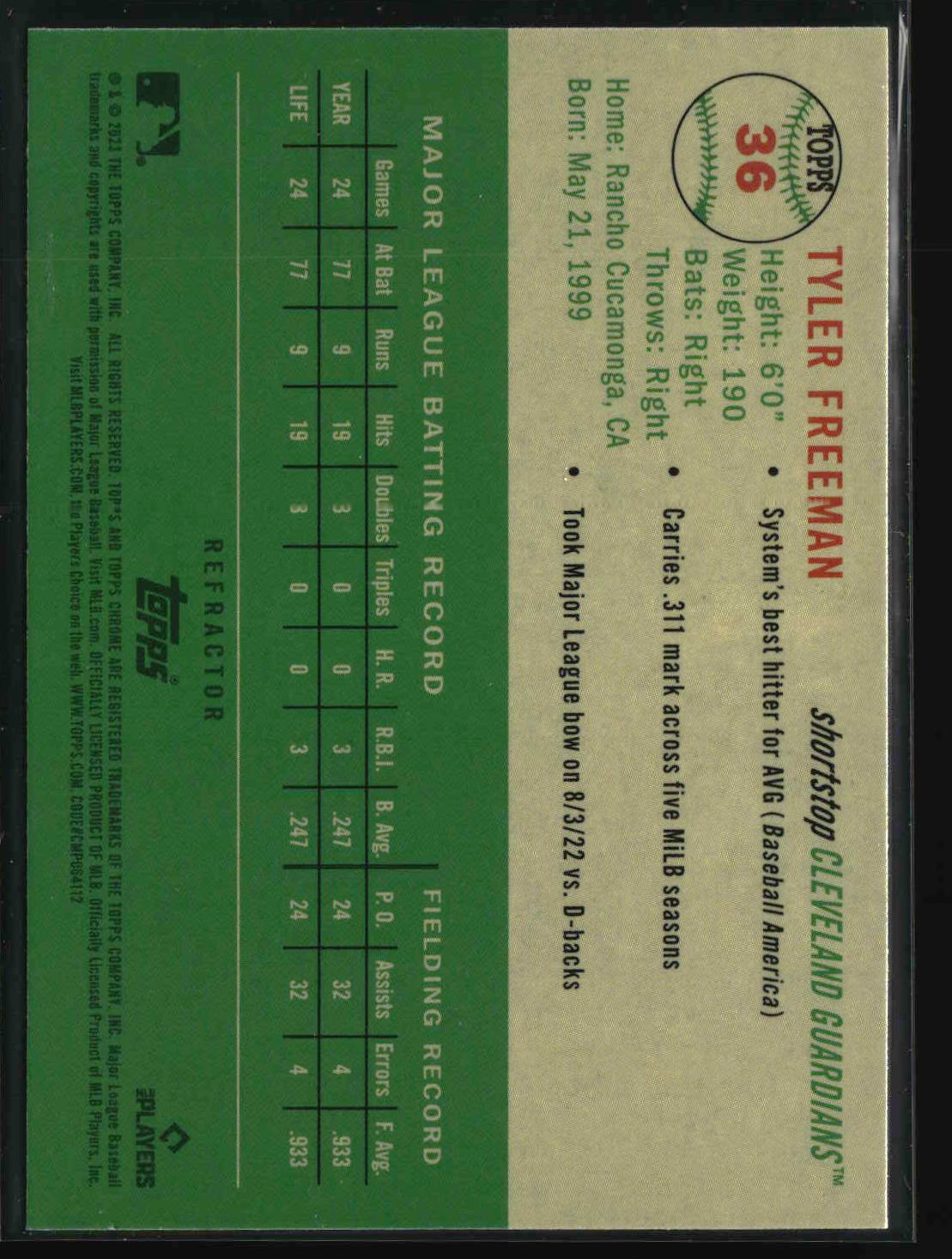 Tyler Freeman 2023 Topps Chrome Platinum Anniversary Refractors #36