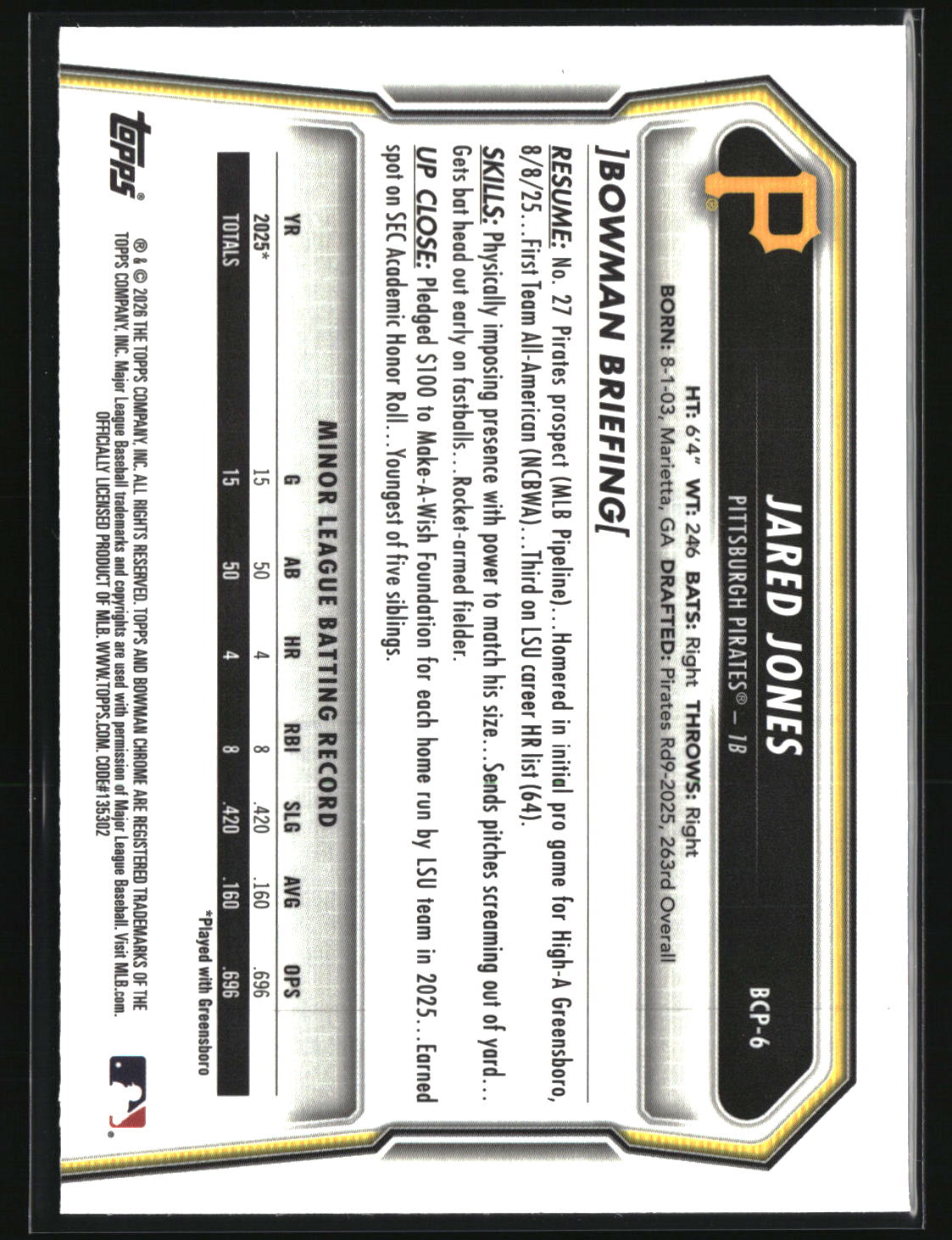 Jared Jones 2026 Bowman Chrome Prospects #BCP-6