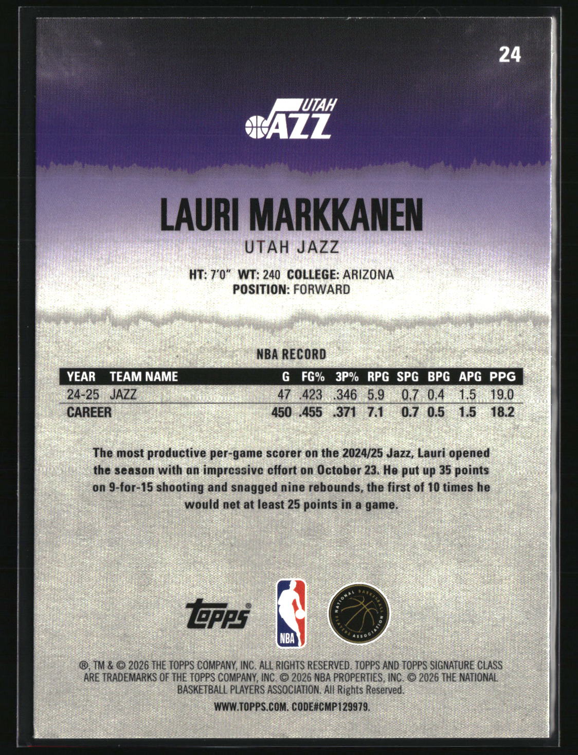 Lauri Markkanen 2025-26 Topps Signature Class Blue & Orange #24