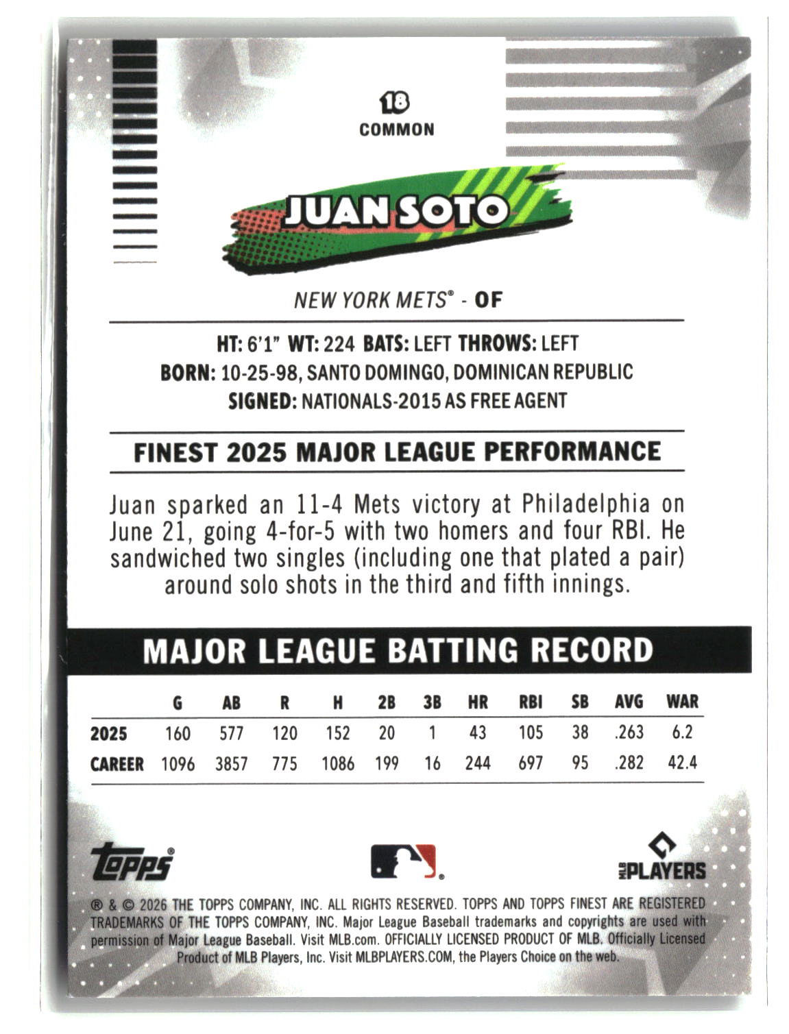 Juan Soto 2026 Finest Yellow Refractors #18 #/275