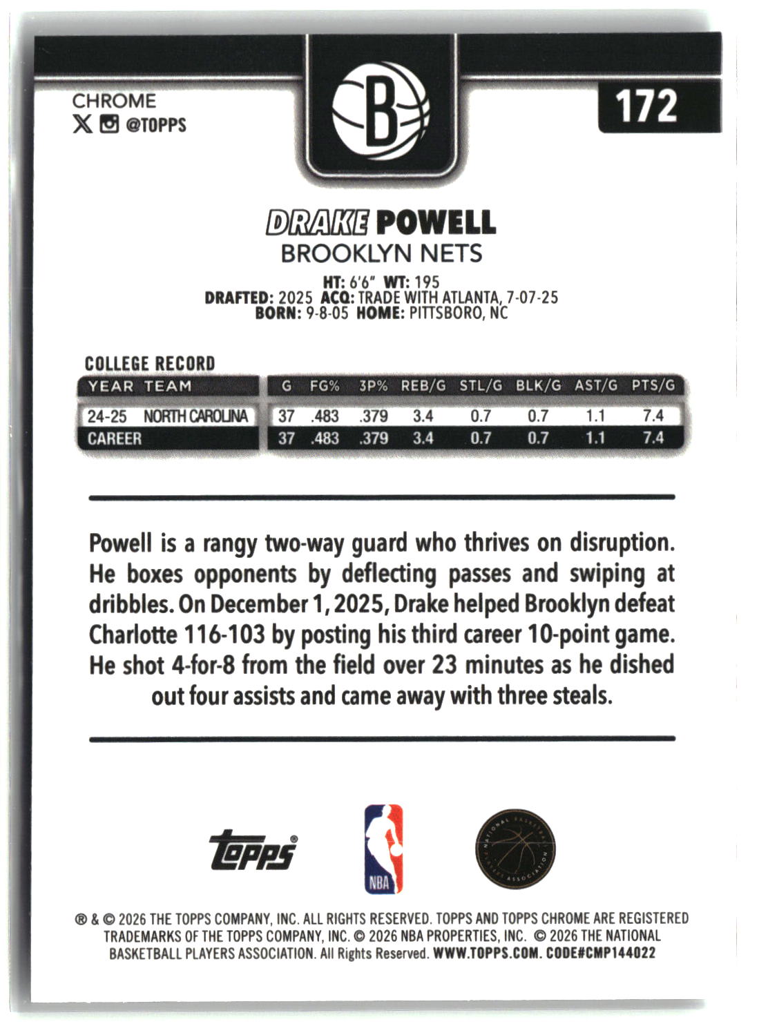 Drake Powell 2025-26 Topps Chrome Update #172
