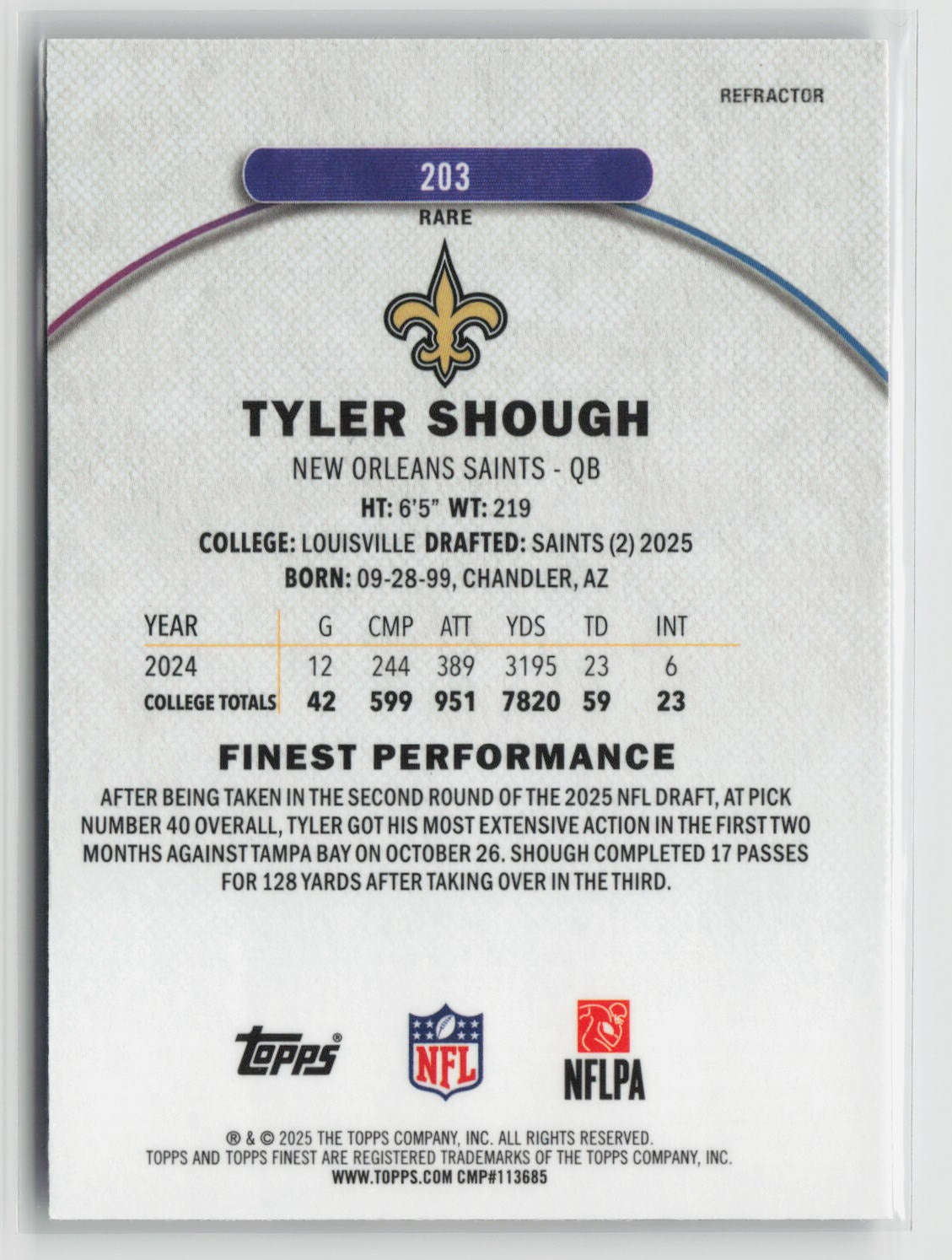 Tyler Shough 2025 Finest Refractor #203