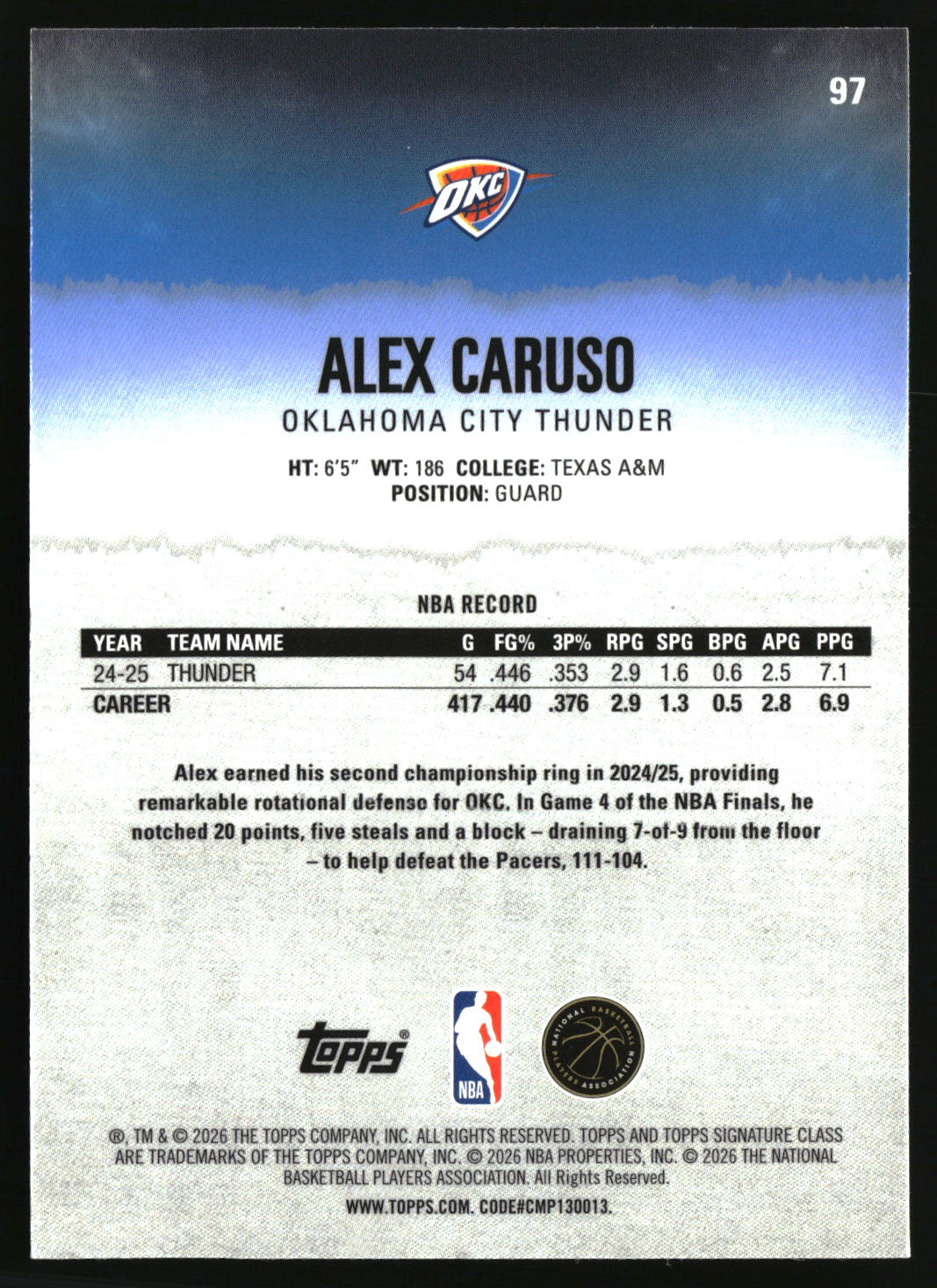 Alex Caruso 2025-26 Topps Signature Class Chrome #97