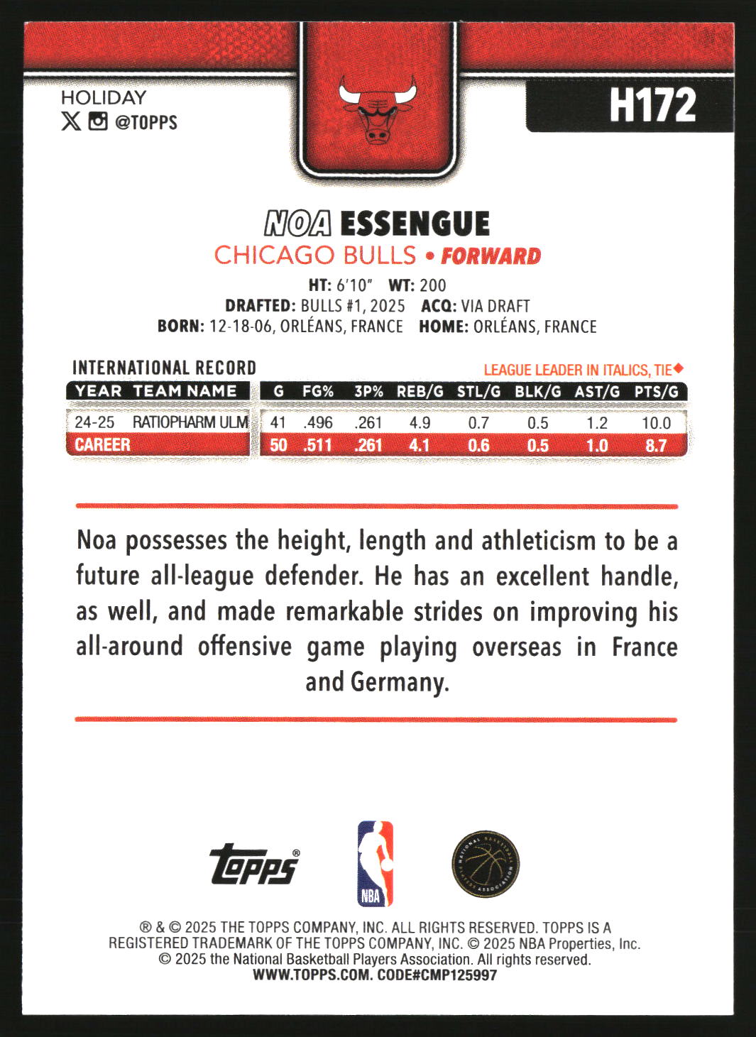 Noa Essengue 2025-26 Topps Holiday #H172